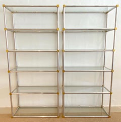 Pair of Italian Mid Century Modern Geometric Chrome & Brass 6 Tier Etageres