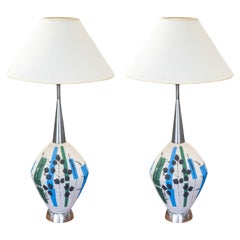 Pair of Italian Mid Century Modern Hand Painted Floral Ceramic Table Lamps