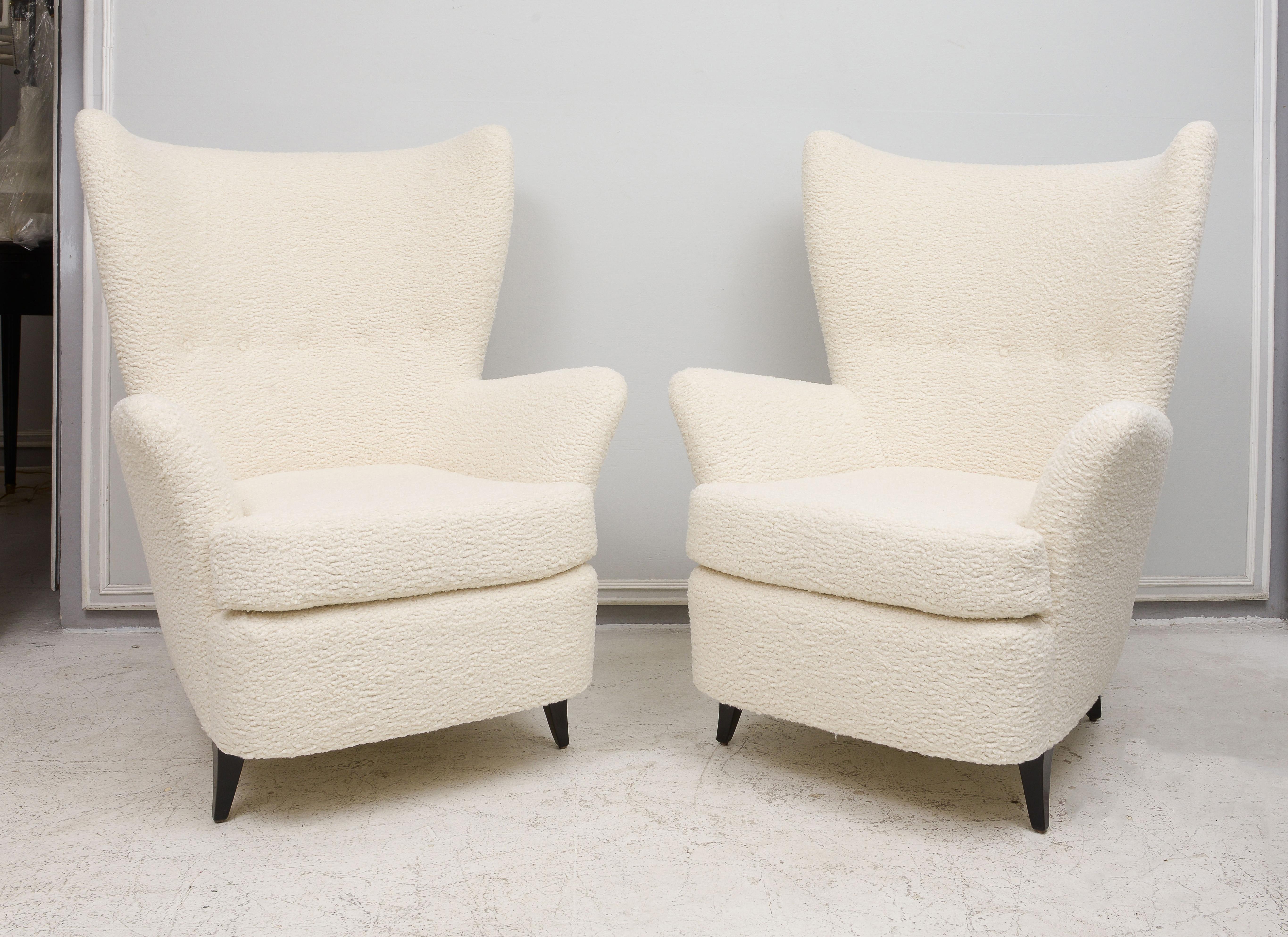 Pair of Italian Mid-Century Modern Lounge Chairs upholstered in boucle fabric