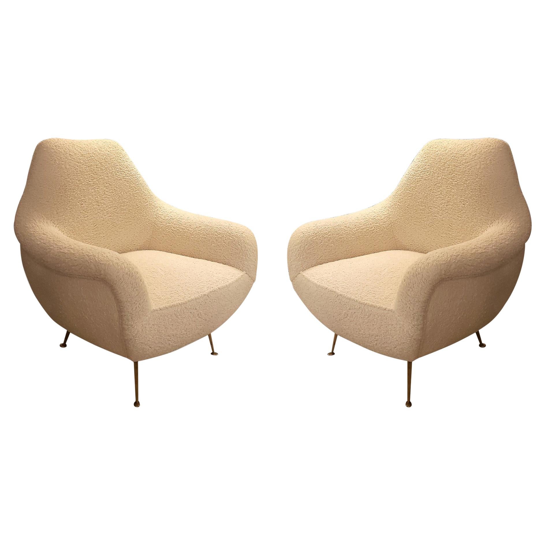 Pair of Italian Midcentury Lounge Chairs in Creamy White Boucle at 1stDibs
