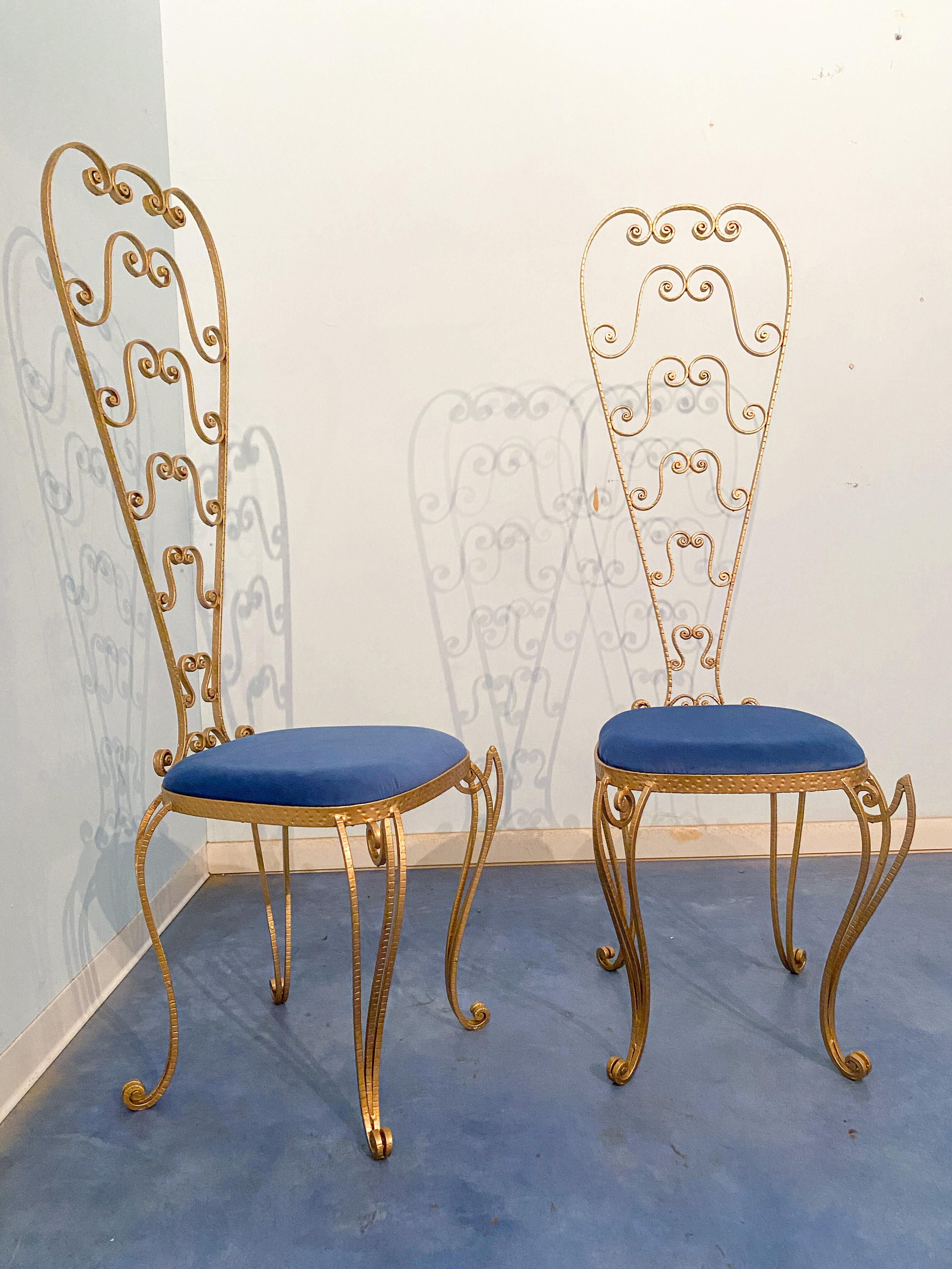 Wrought Iron Pair of Italian Mid-Century Modern Luigi Colli Gold Iron Vanity Chairs, 1950s For Sale
