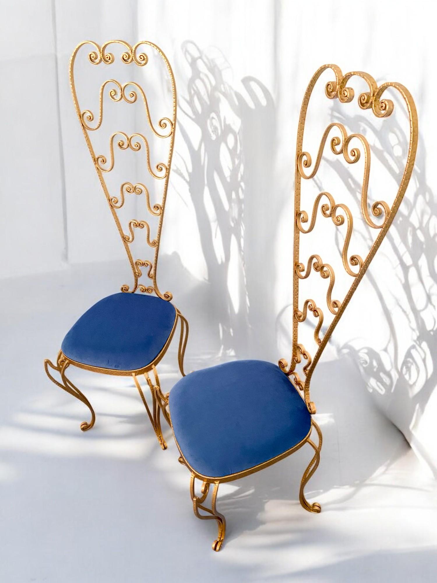 Wrought Iron Pair of Italian Mid-Century Modern Luigi Colli Gold Iron Vanity Chairs, 1950s For Sale