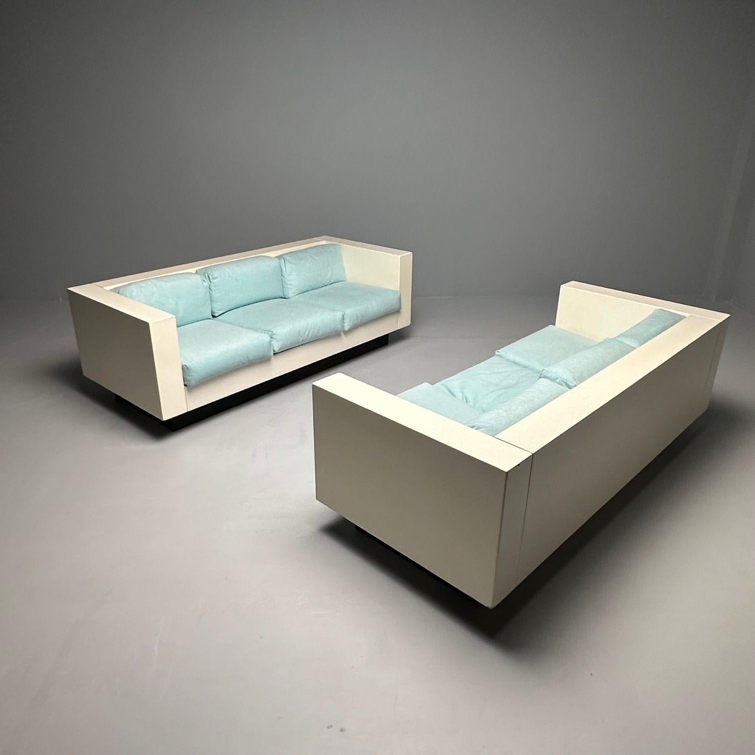 Massimo and Lella Vignelli for Poltronova, pair of 'Saratoga' three-seat sofas, Polyester Lacquer and Fabric, Italy, 1964

Priced per the pair. You may purchase one if only one is needed. Newly re-upholstered in plush velvet turquoise