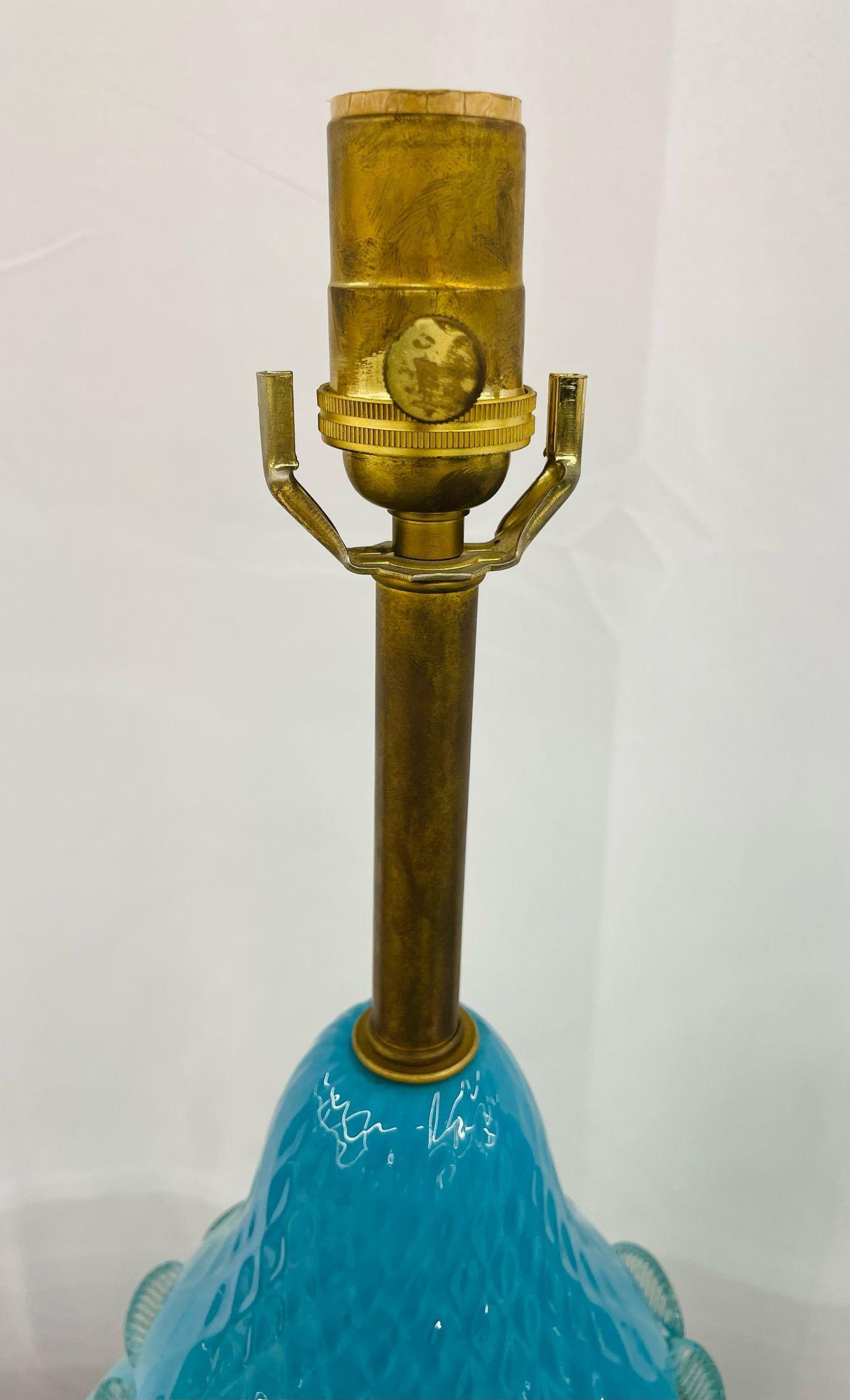 Pair of Italian Mid-Century Modern Murano Glass Table Lamps, Turquoise, Brass For Sale 6