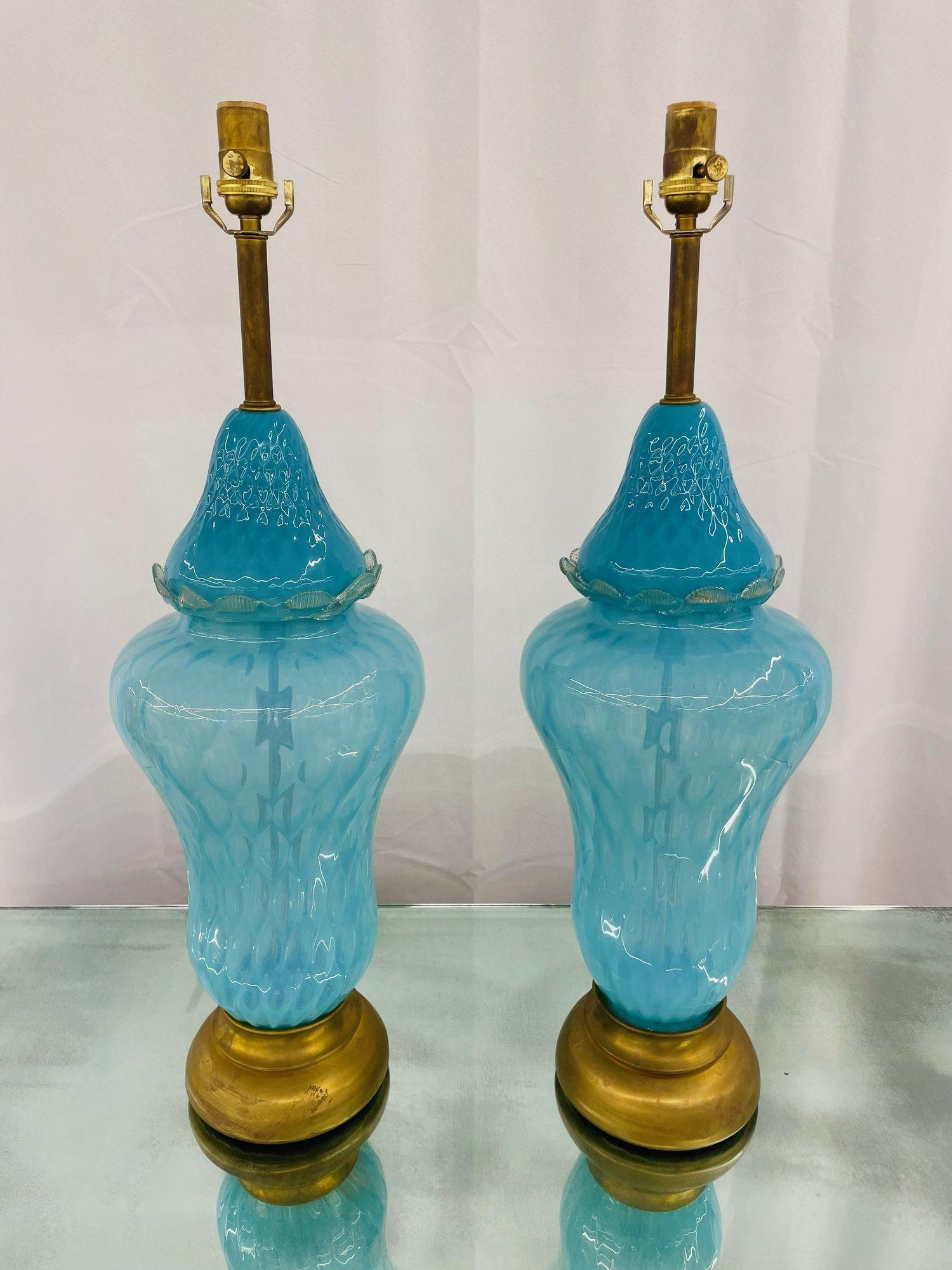 Pair of Italian Mid-Century Modern Murano Glass Table Lamps, Turquoise, Brass
 
Manner of Barovier & Toso
 
Murano Glass, Brass
Italy, 1960s
 
29H x 8 Diameter.