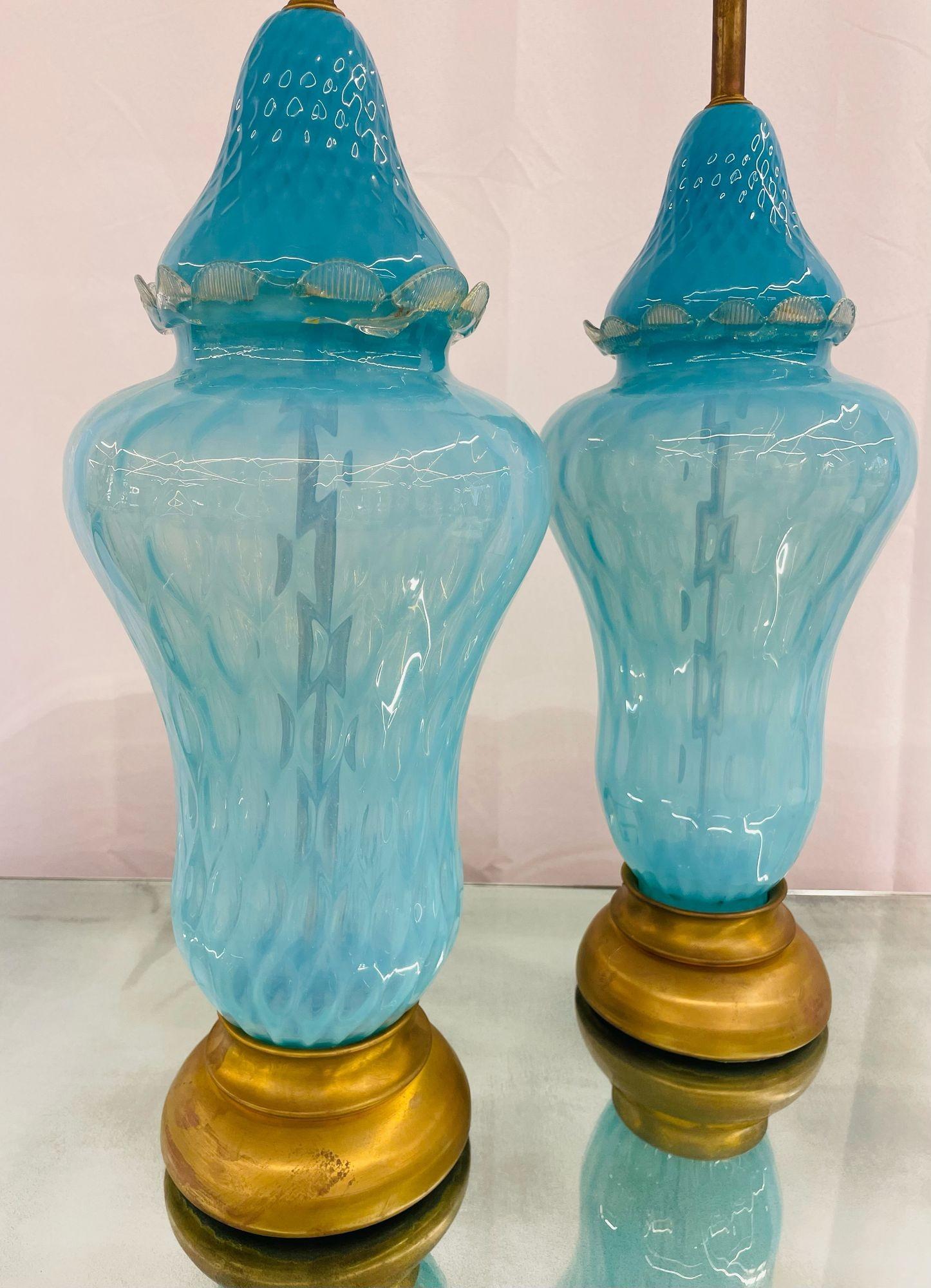 Pair of Italian Mid-Century Modern Murano Glass Table Lamps, Turquoise, Brass In Good Condition For Sale In Stamford, CT