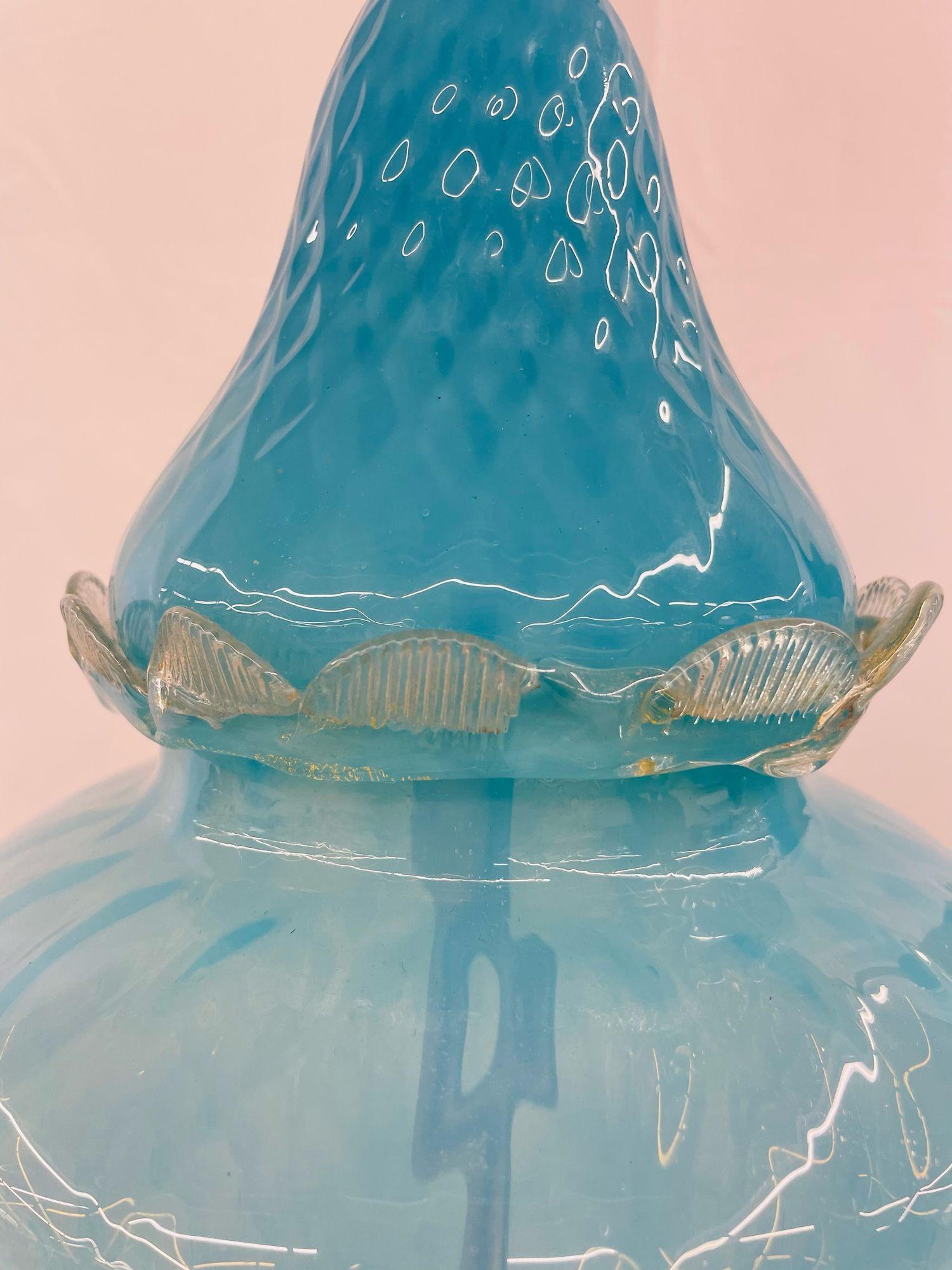 Mid-20th Century Pair of Italian Mid-Century Modern Murano Glass Table Lamps, Turquoise, Brass For Sale