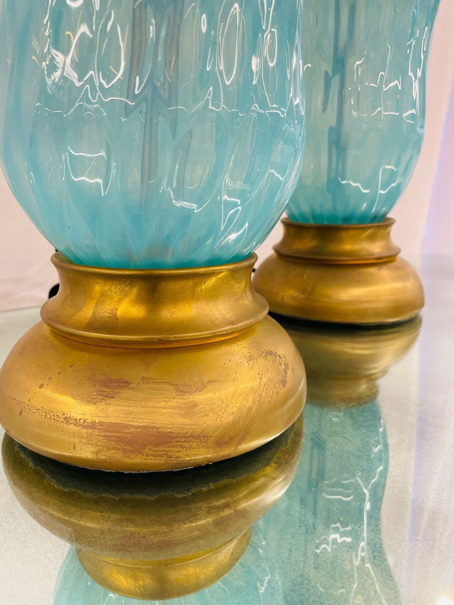 Pair of Italian Mid-Century Modern Murano Glass Table Lamps, Turquoise, Brass For Sale 3