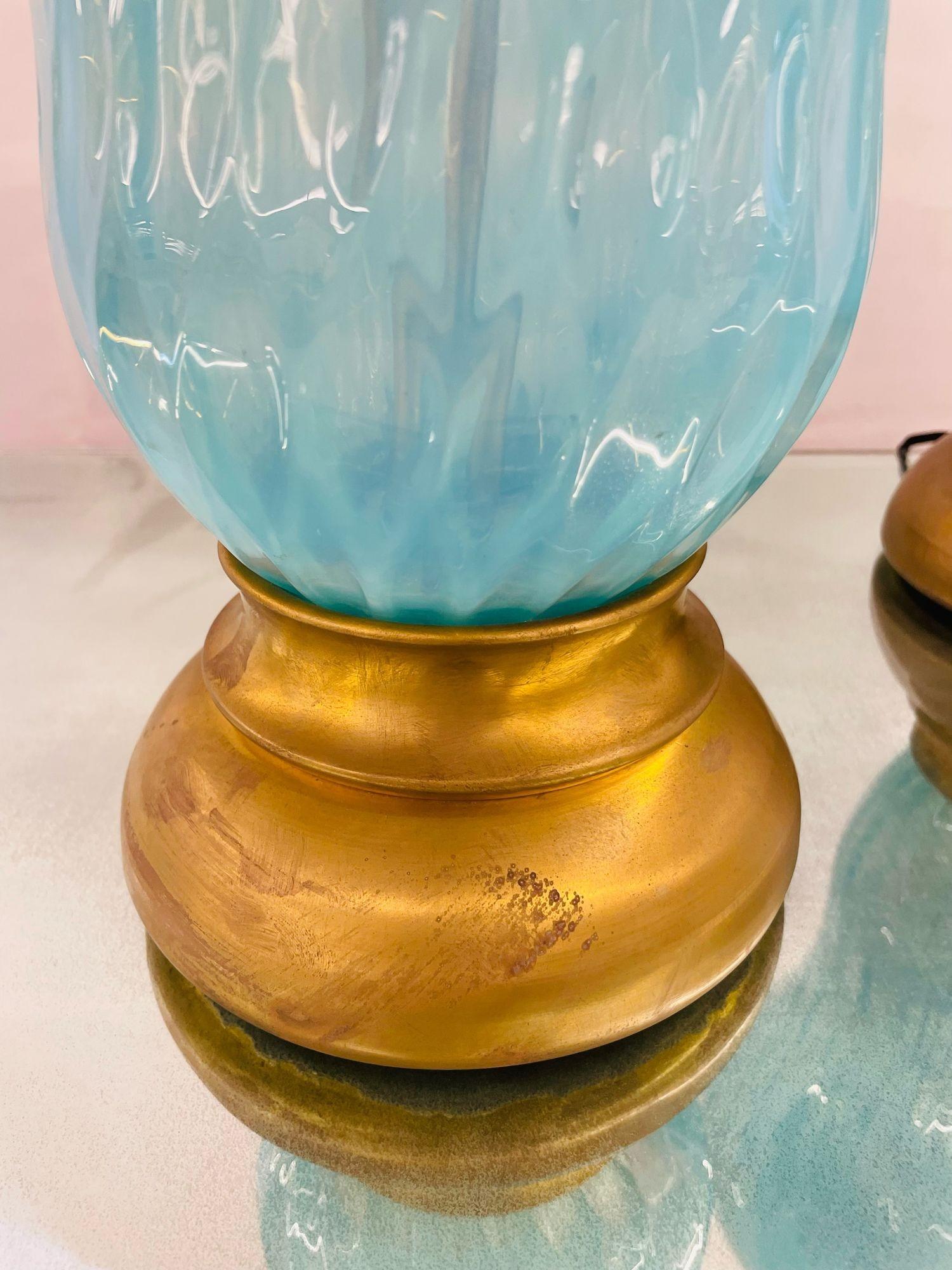 Pair of Italian Mid-Century Modern Murano Glass Table Lamps, Turquoise, Brass For Sale 4