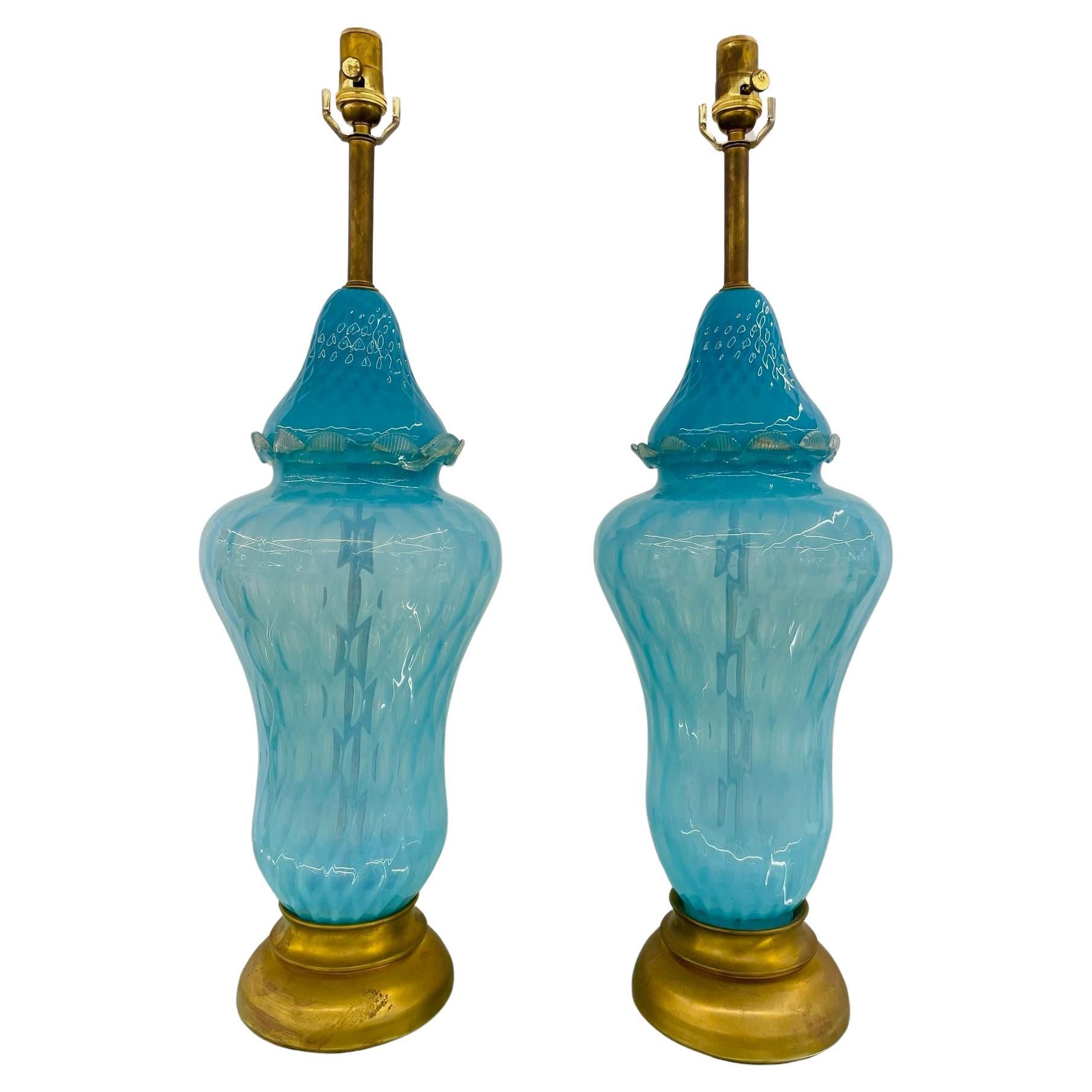 Pair of Italian Mid-Century Modern Murano Glass Table Lamps, Turquoise, Brass For Sale