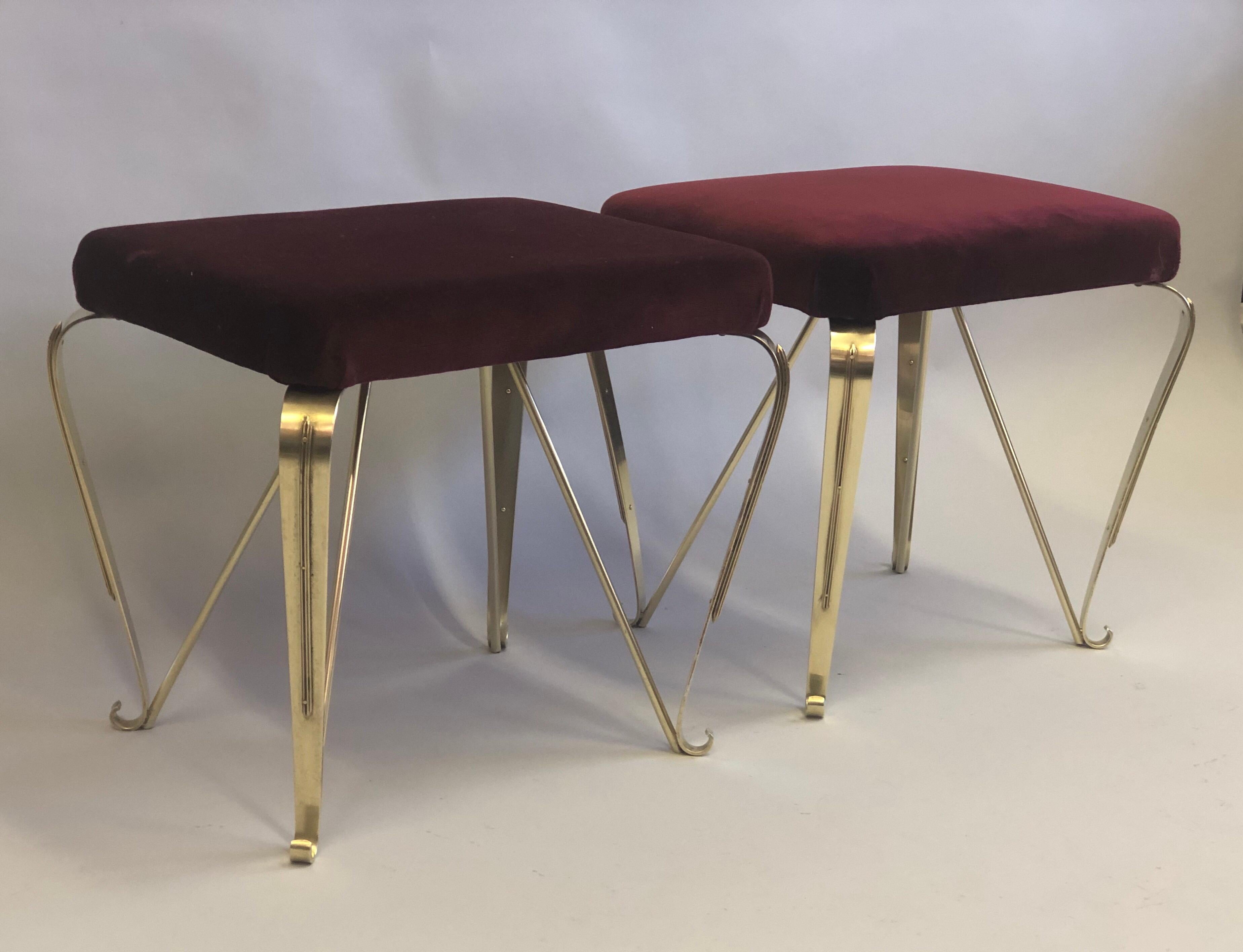Faceted Pair of Italian Mid-Century Modern Neoclassical Solid Brass Benches by Jansen For Sale