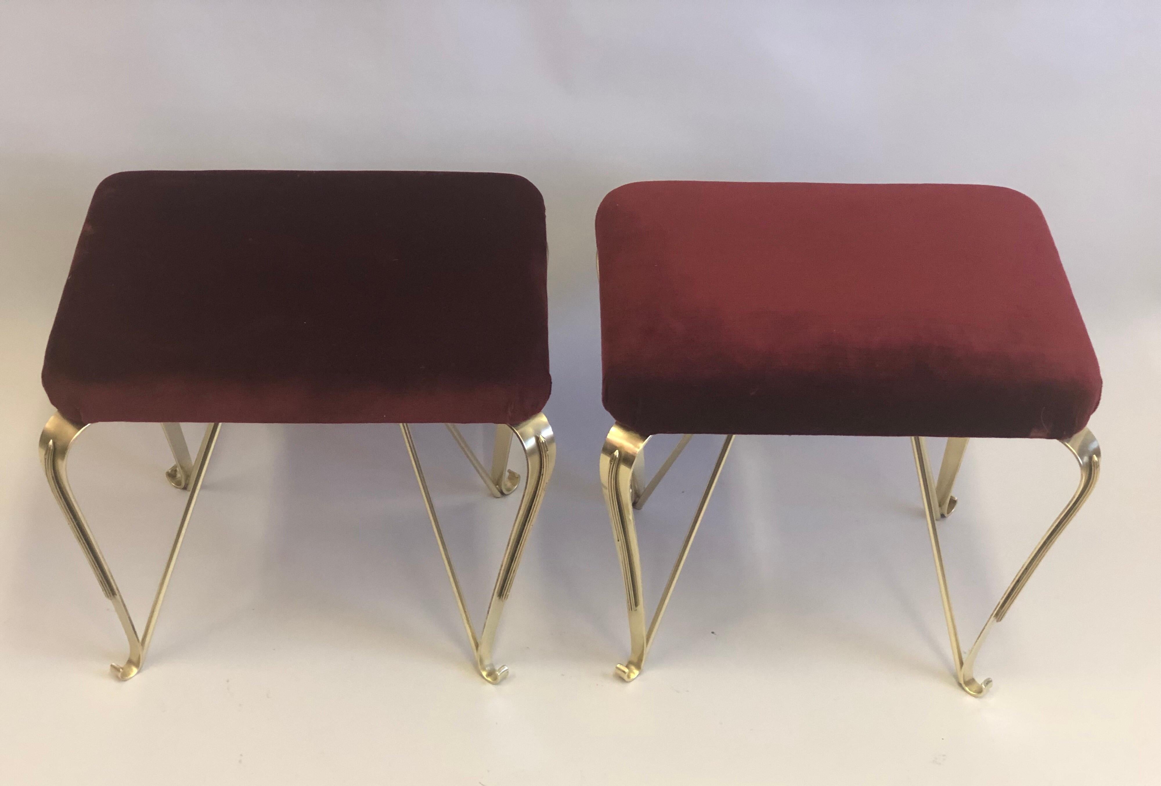 Pair of Italian Mid-Century Modern Neoclassical Solid Brass Benches by Jansen For Sale 1