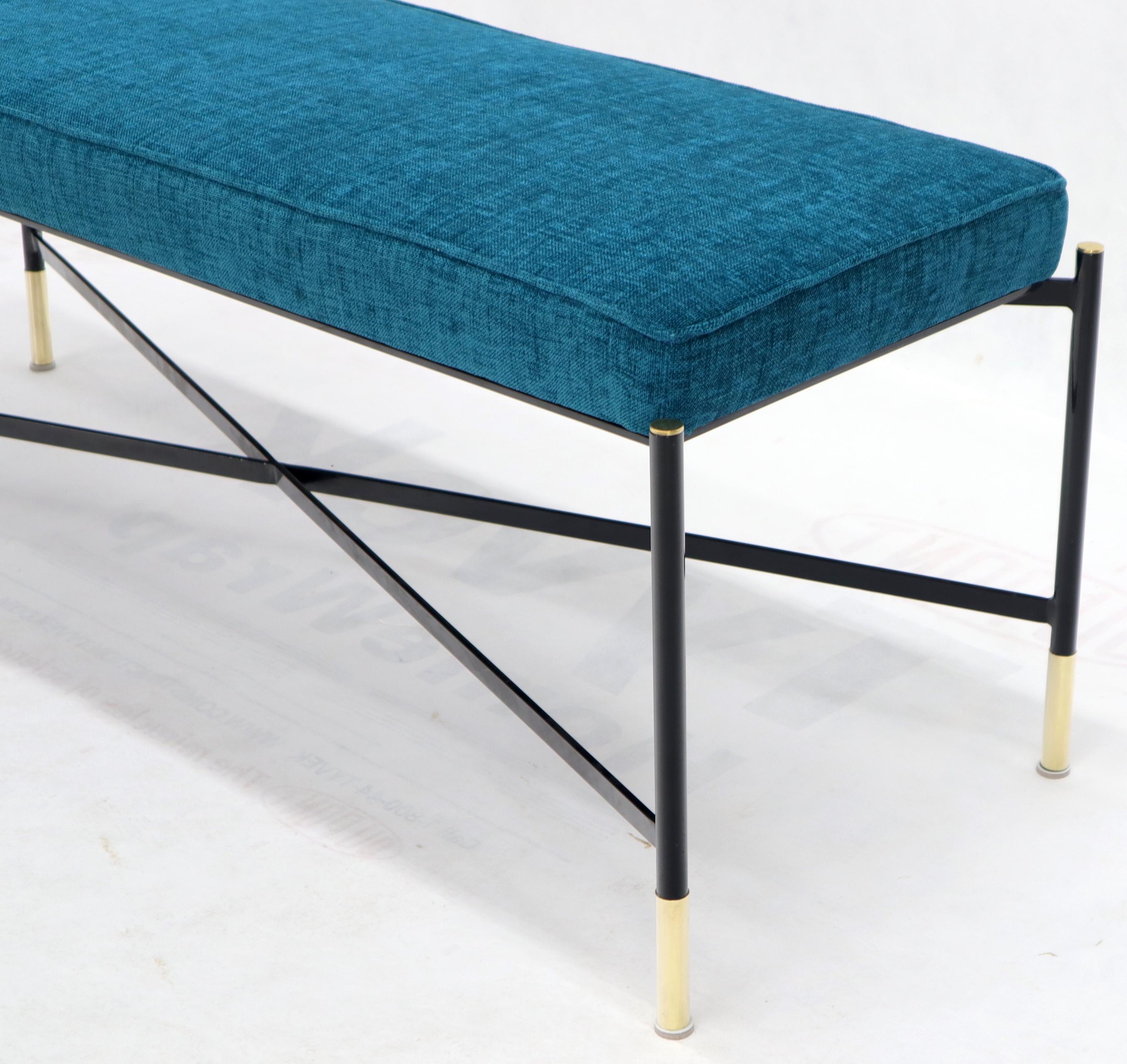 Pair of Italian Mid-Century Modern New Blue Upholstery X-Stretchers Benches For Sale 5