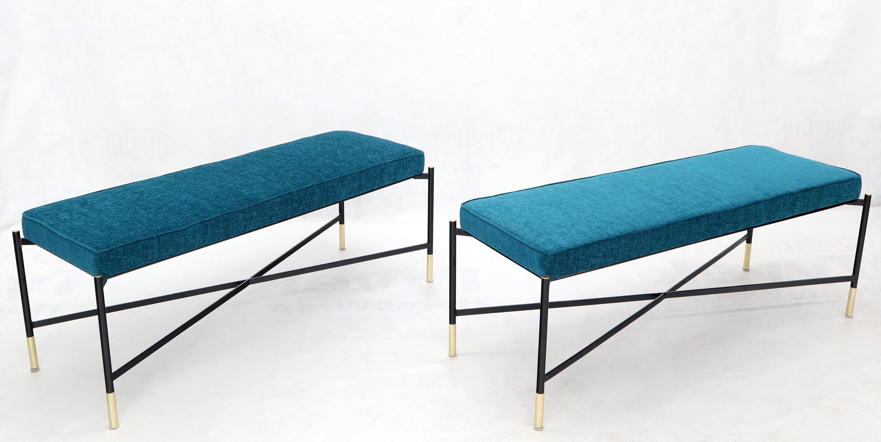 Pair of new upholstery Italian Mid-Century Modern benches on X-stretcher bases and brass tips.