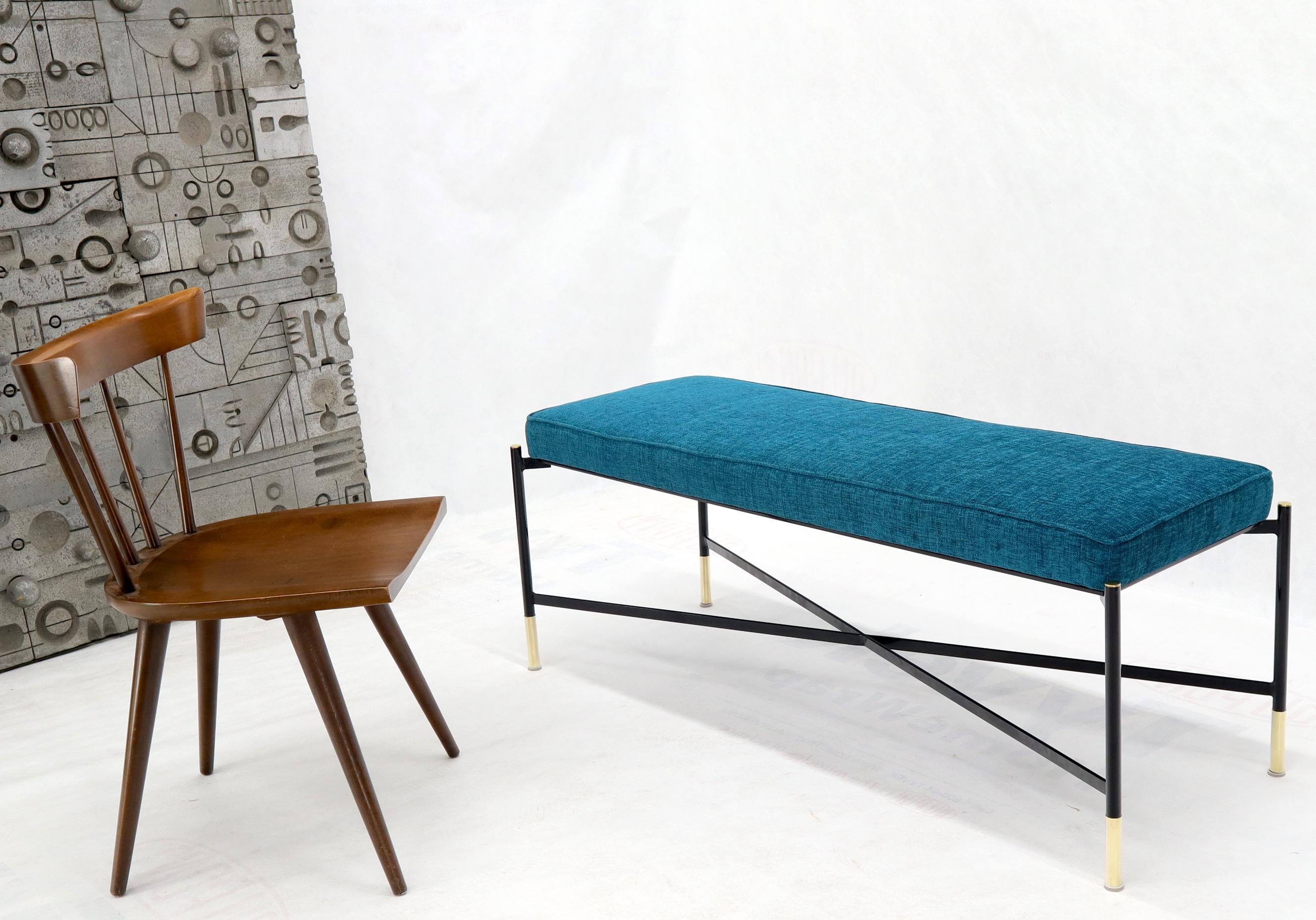 Pair of Italian Mid-Century Modern New Blue Upholstery X-Stretchers Benches In Excellent Condition For Sale In Rockaway, NJ