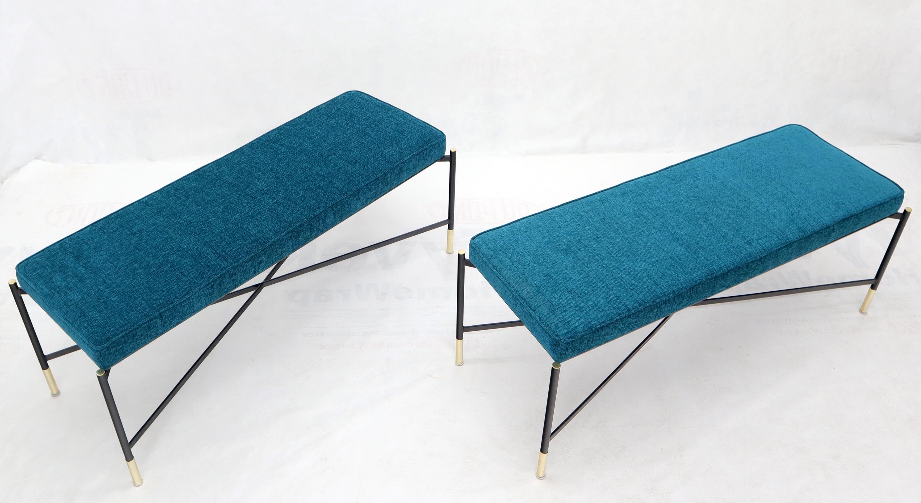 20th Century Pair of Italian Mid-Century Modern New Blue Upholstery X-Stretchers Benches For Sale