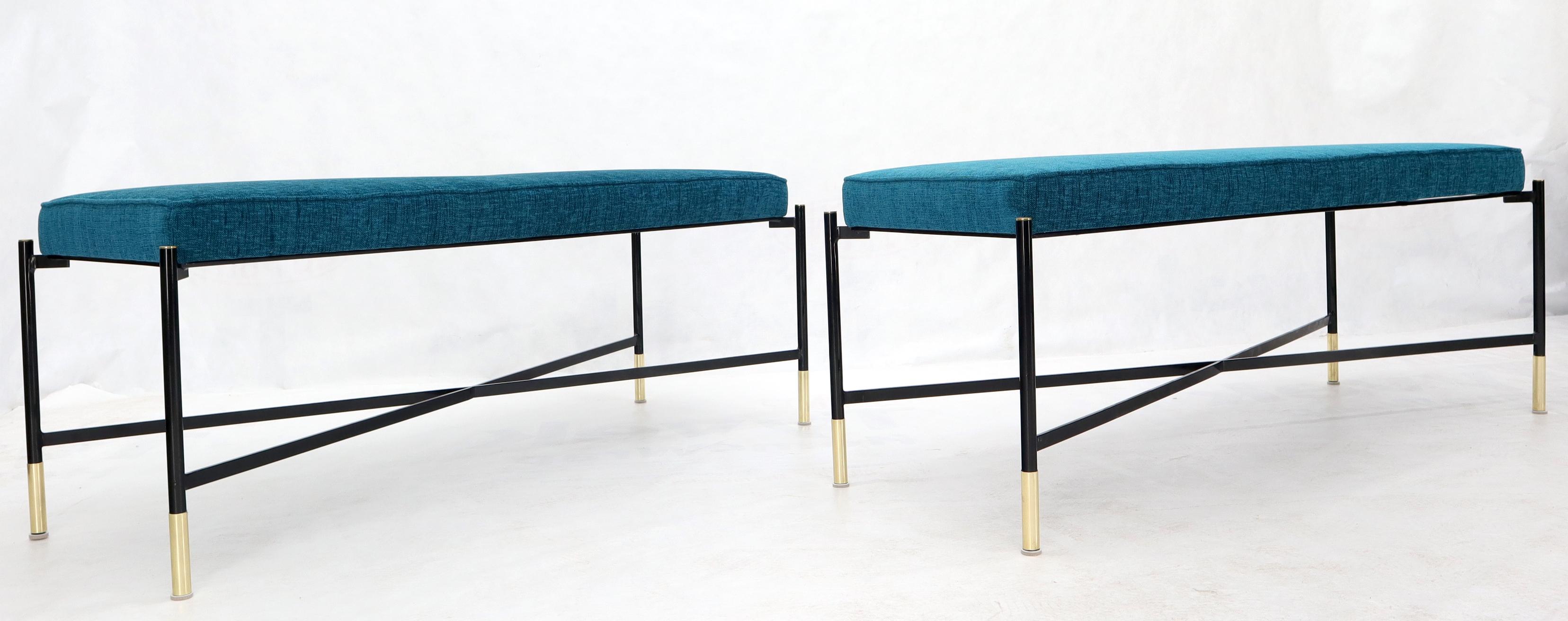 Metal Pair of Italian Mid-Century Modern New Blue Upholstery X-Stretchers Benches For Sale