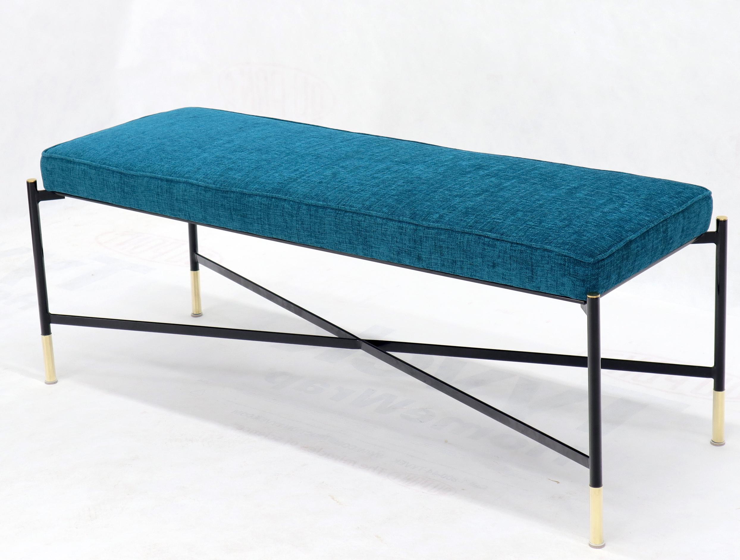 Pair of Italian Mid-Century Modern New Blue Upholstery X-Stretchers Benches For Sale 1
