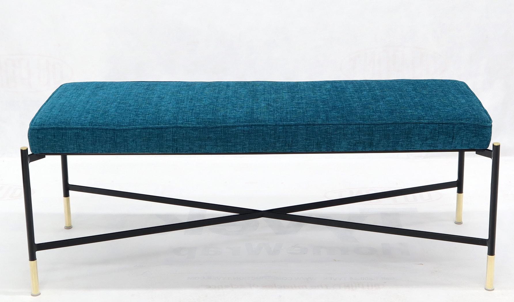 Pair of Italian Mid-Century Modern New Blue Upholstery X-Stretchers Benches For Sale 2