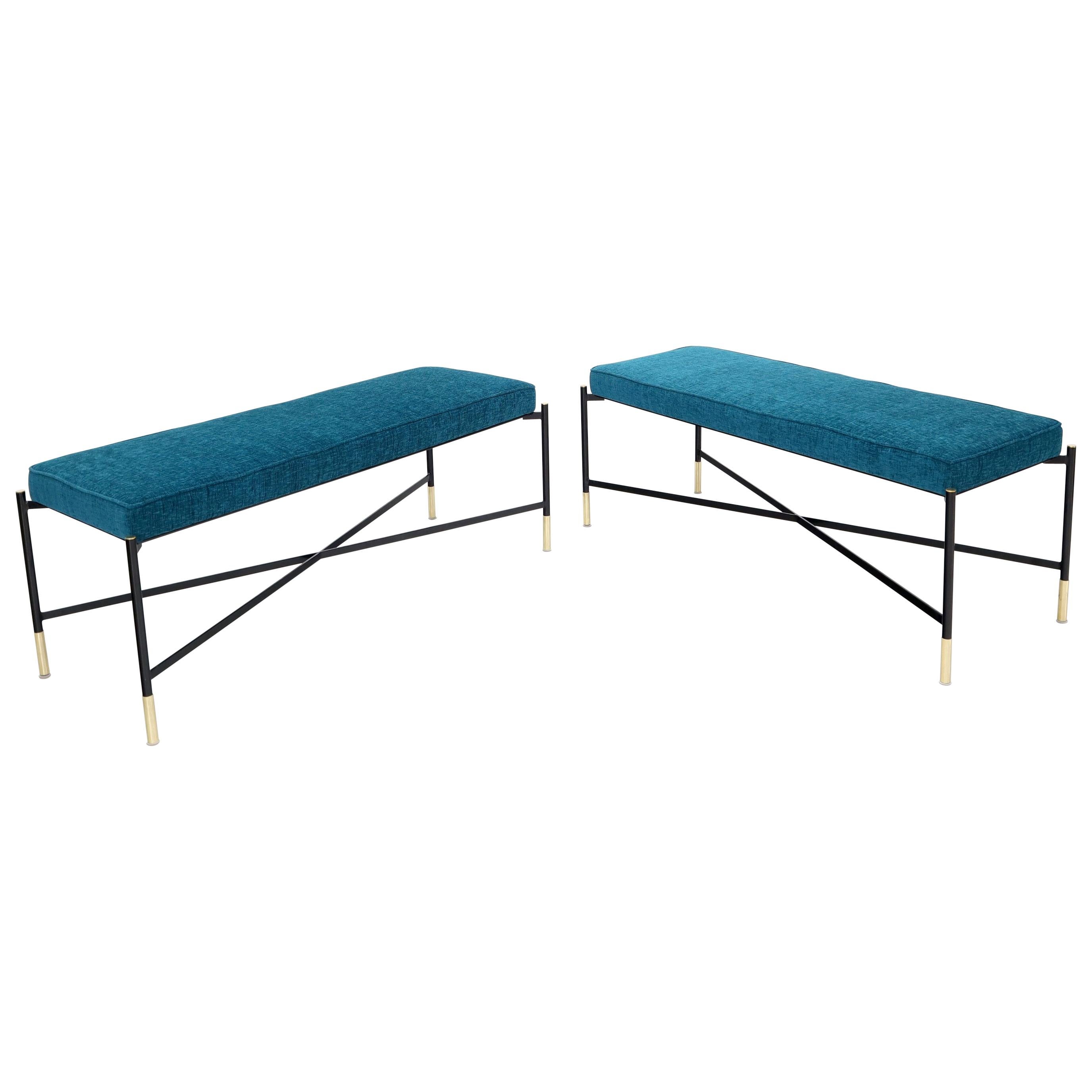 Pair of Italian Mid-Century Modern New Blue Upholstery X-Stretchers Benches For Sale