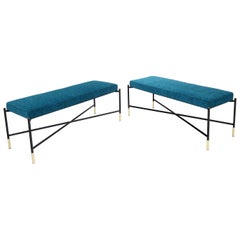 Pair of Italian Mid-Century Modern New Blue Upholstery X-Stretchers Benches