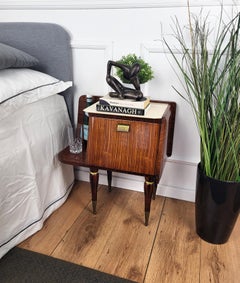 Pair of Italian Mid-Century Modern Night Stands Bedside Tables Wood & Marble Top