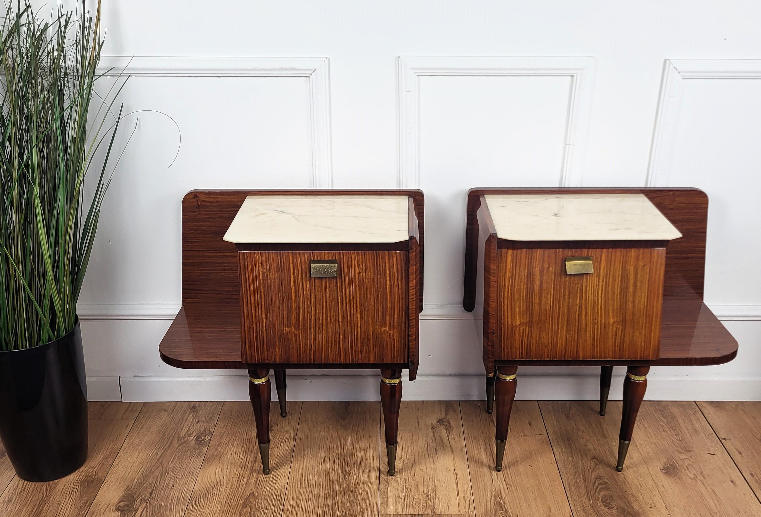 20th Century Pair of Italian Mid-Century Modern Night Stands Bedside Tables Wood & Marble Top For Sale