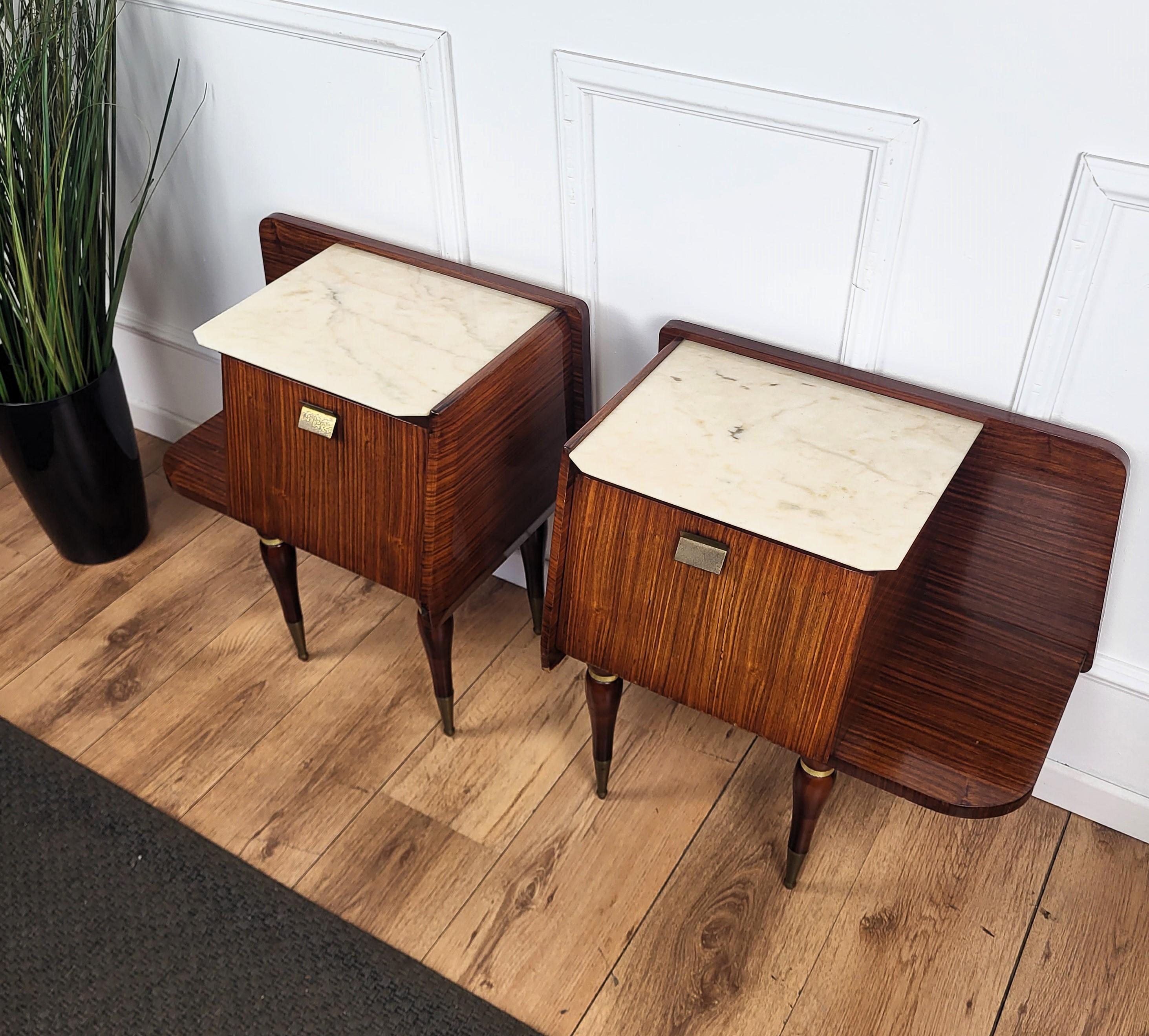 Brass Pair of Italian Mid-Century Modern Night Stands Bedside Tables Wood & Marble Top For Sale