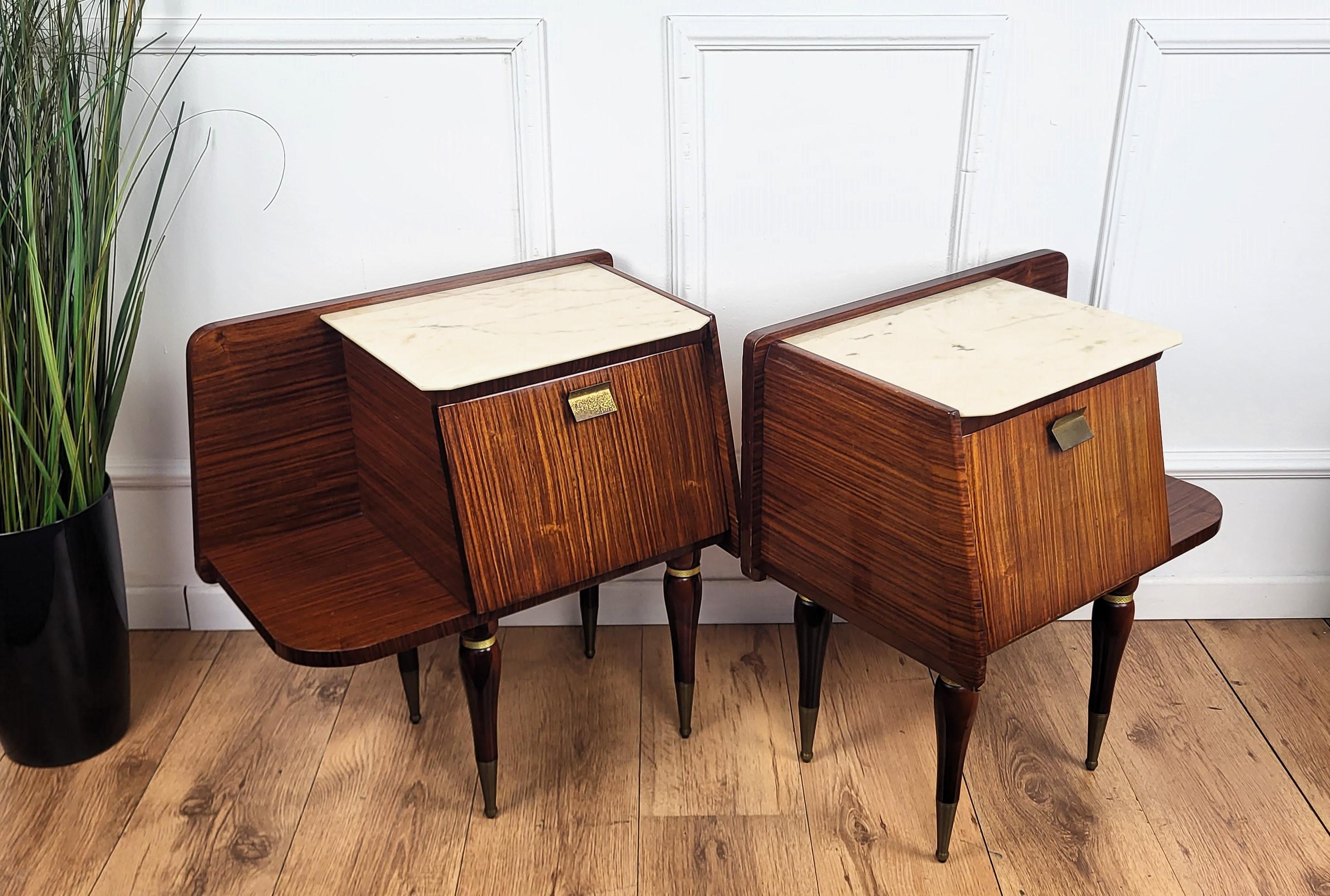 Pair of Italian Mid-Century Modern Night Stands Bedside Tables Wood & Marble Top For Sale 1