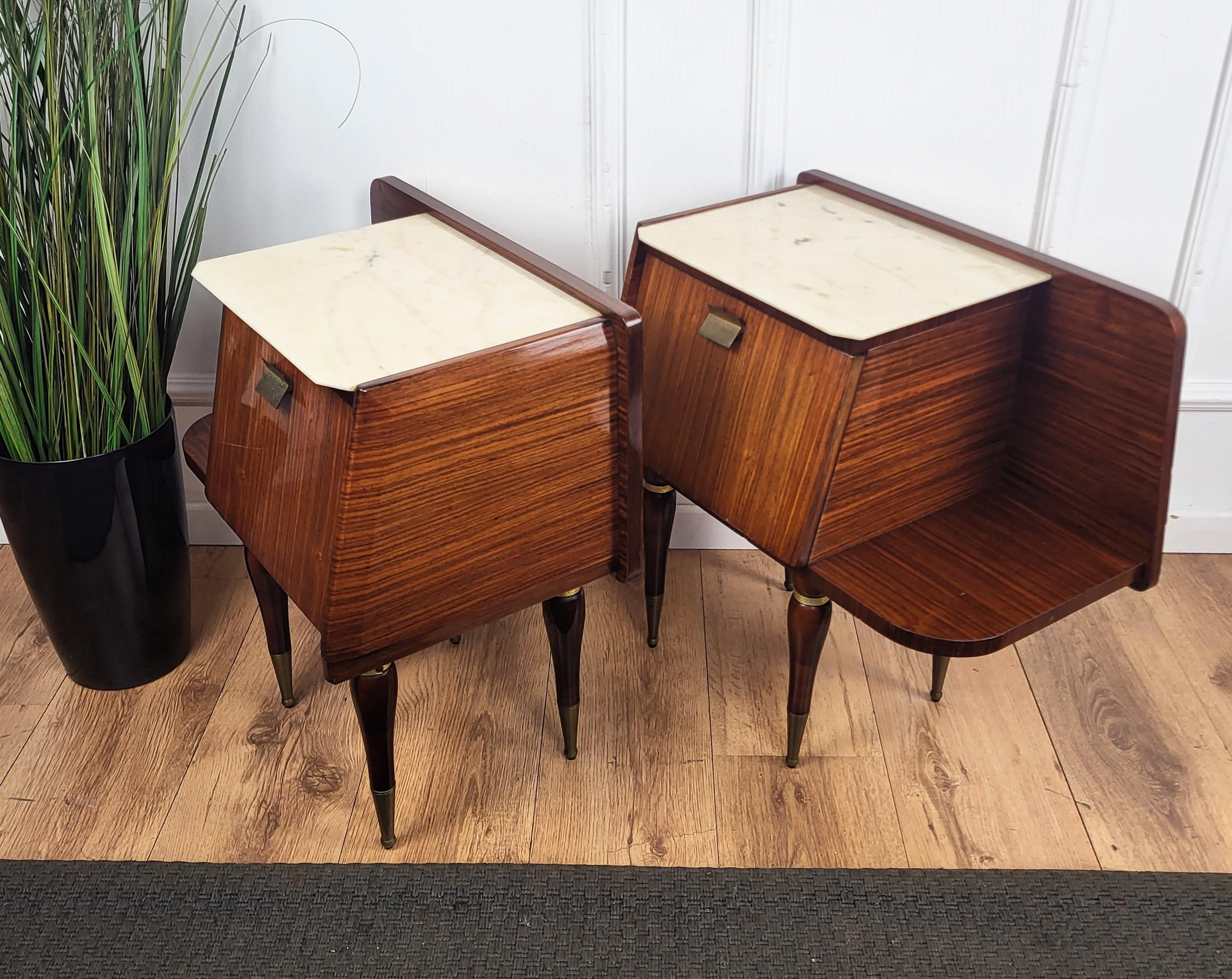 Pair of Italian Mid-Century Modern Night Stands Bedside Tables Wood & Marble Top For Sale 2