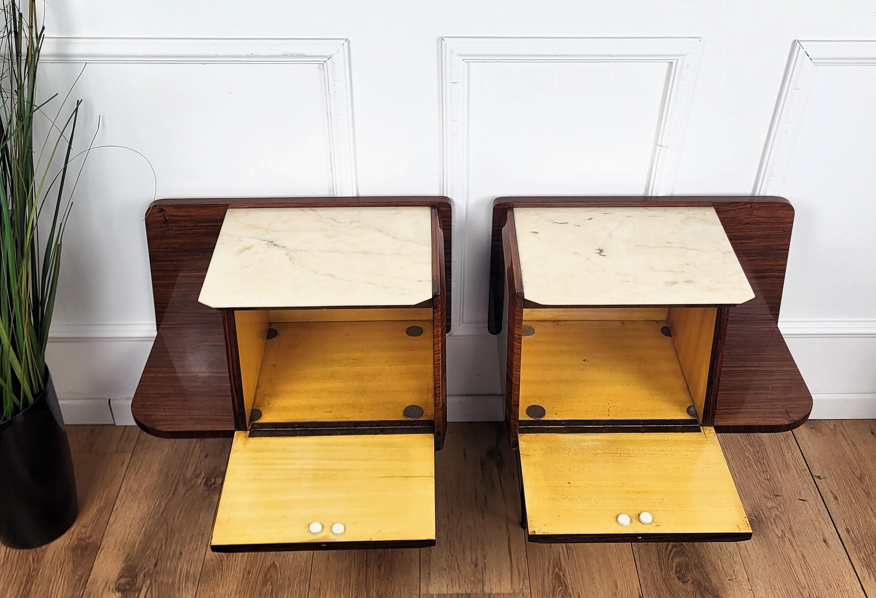 Pair of Italian Mid-Century Modern Night Stands Bedside Tables Wood & Marble Top For Sale 3