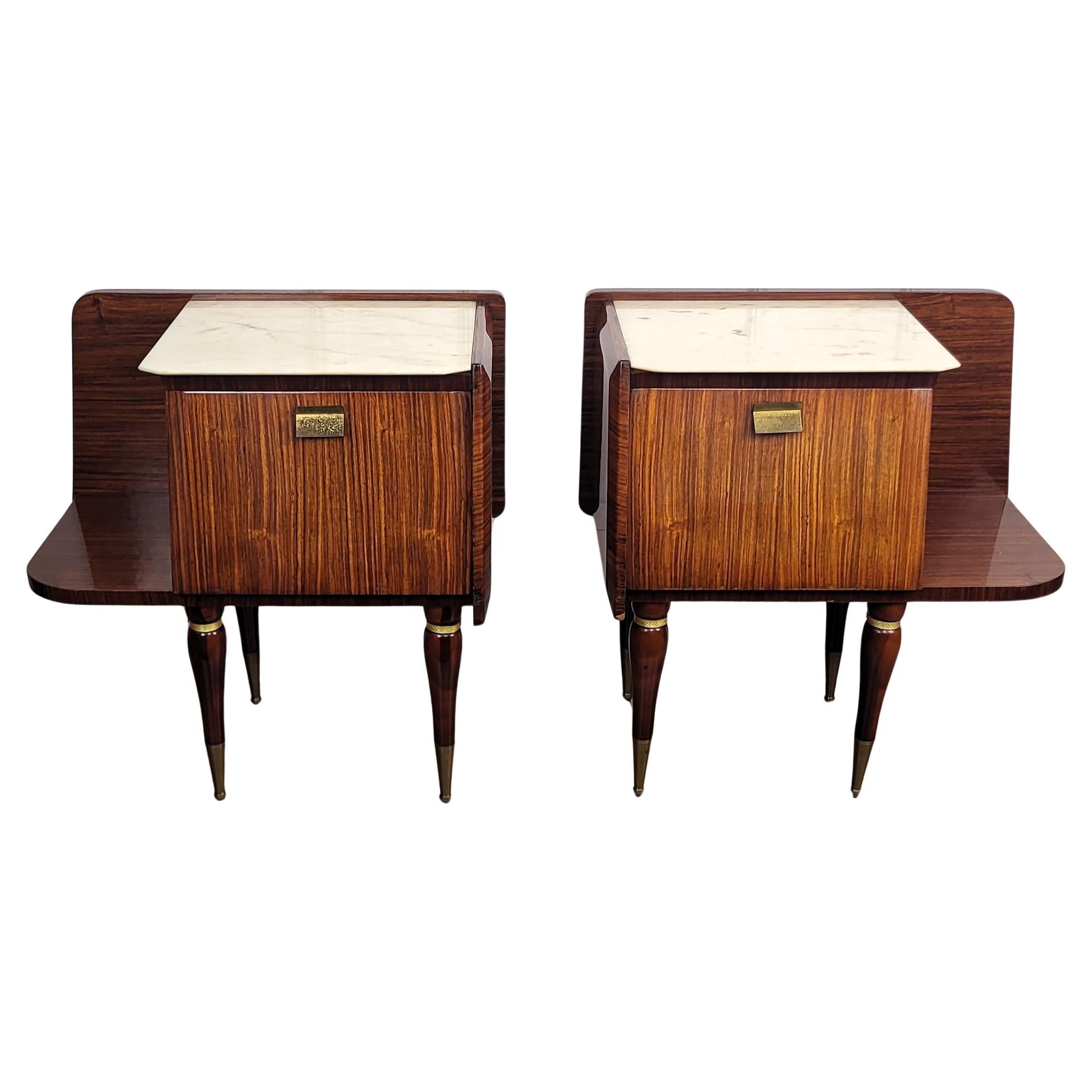 Pair of Italian Mid-Century Modern Night Stands Bedside Tables Wood & Marble Top For Sale