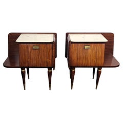 Antique Pair of Italian Mid-Century Modern Night Stands Bedside Tables Wood & Marble Top