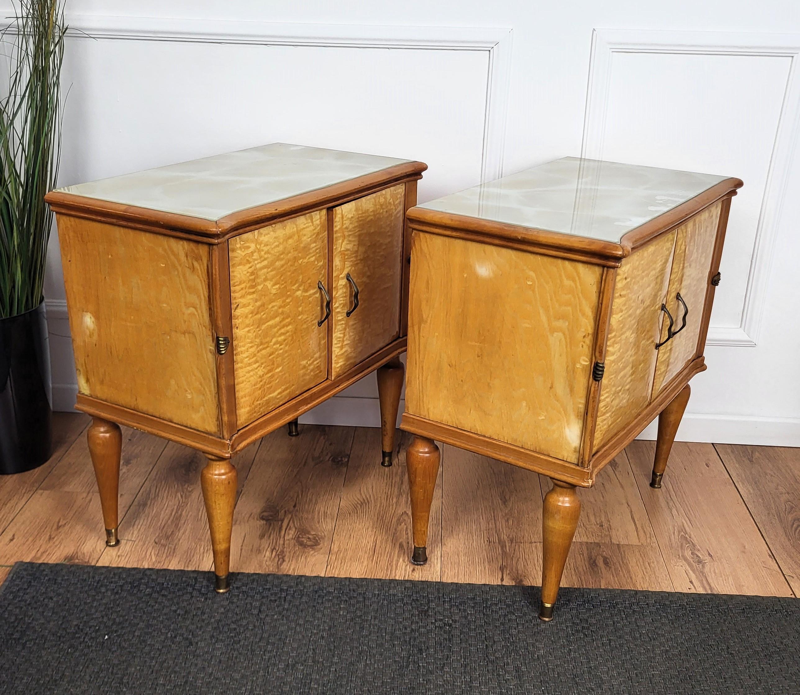 Pair of Italian Mid-Century Modern Nightstands Bedside Tables Maple & Glass Top 1