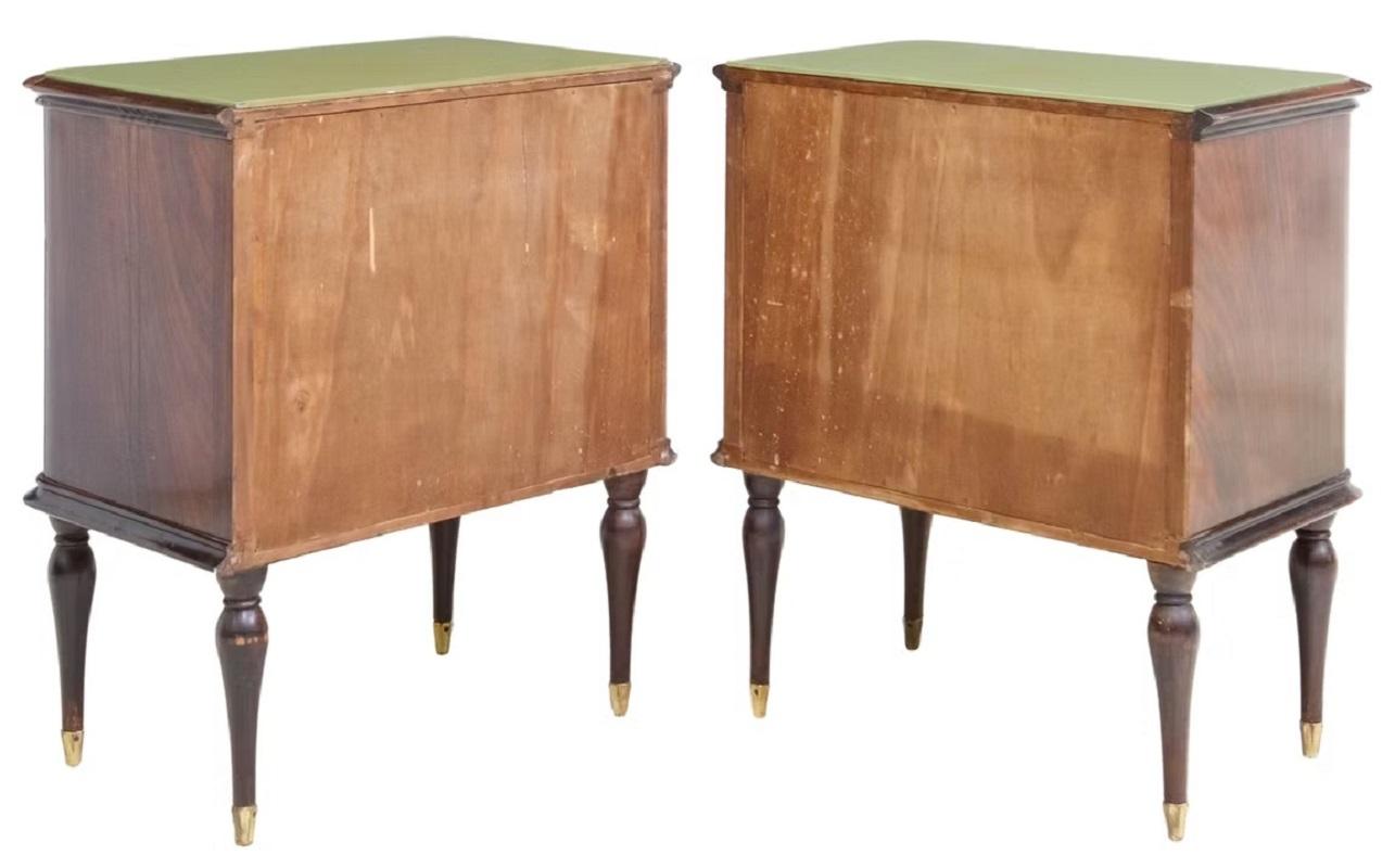 Pair of Italian mid-century modern nightstands, c.1950s, inset glass top, single drawer over cabinet door, on tapered legs