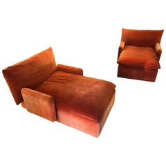 Pair of Italian Mid-Century Modern Orange Velvet Chaise Lounges