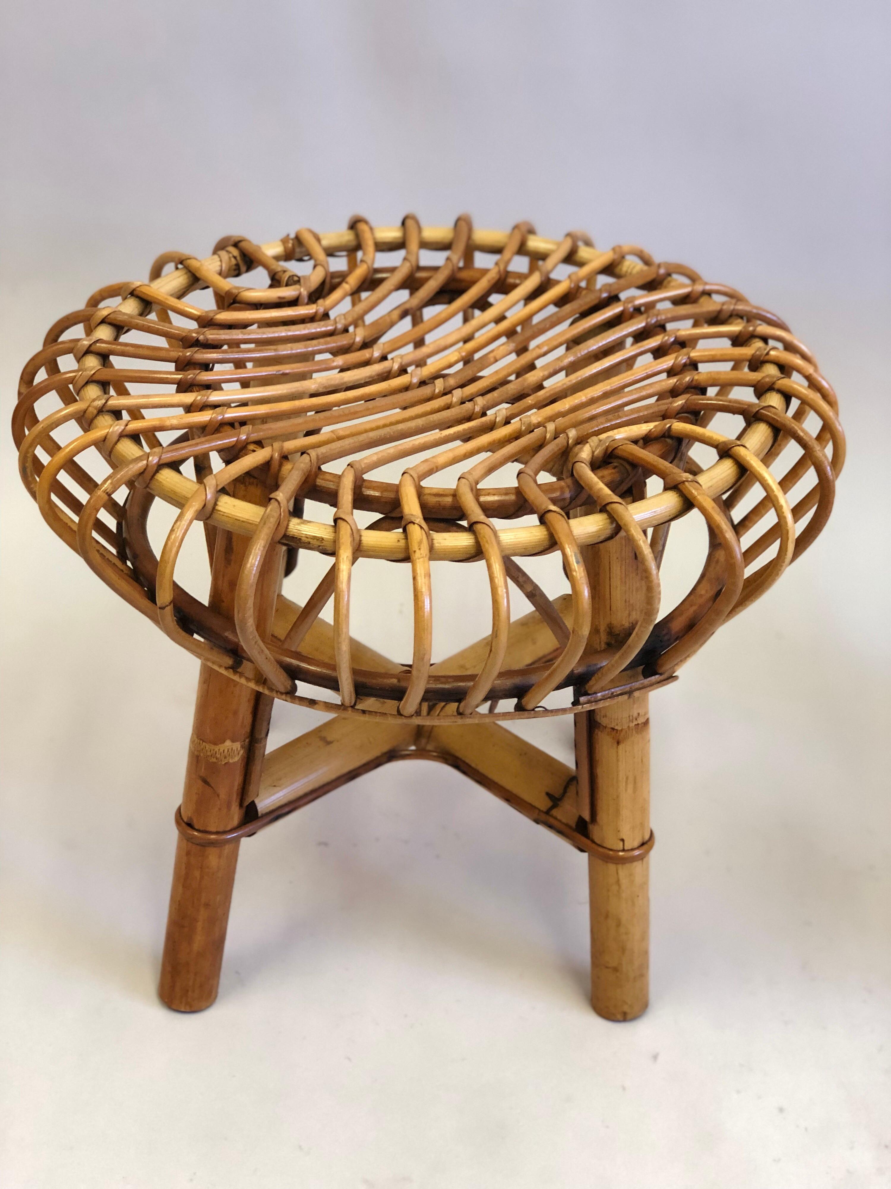 Pair of Italian Mid-Century Modern Rattan and Bamboo Stools by Franco Albini For Sale 4