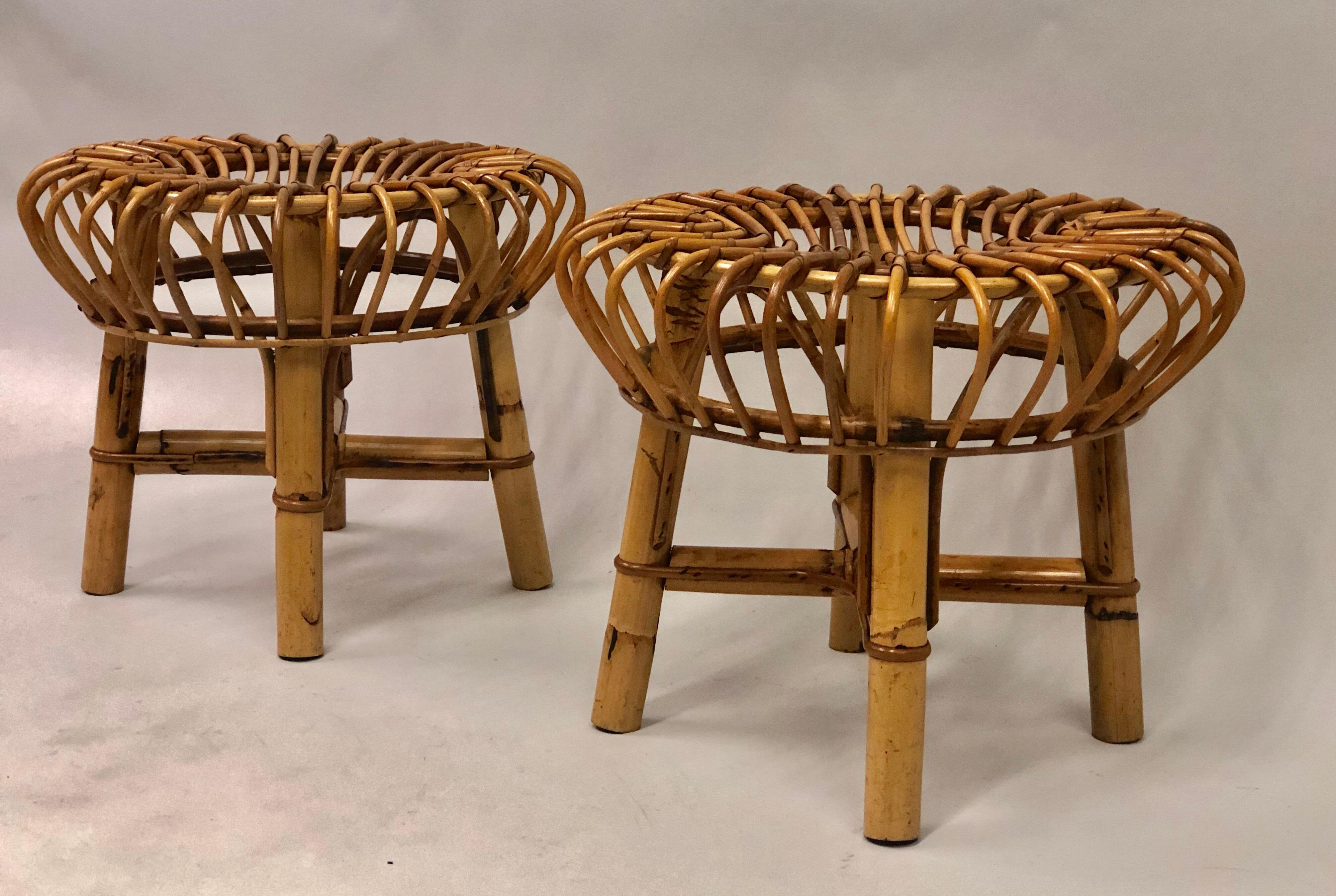 Pair of Italian Mid-Century Modern Rattan and Bamboo Stools by Franco Albini In Good Condition For Sale In New York, NY