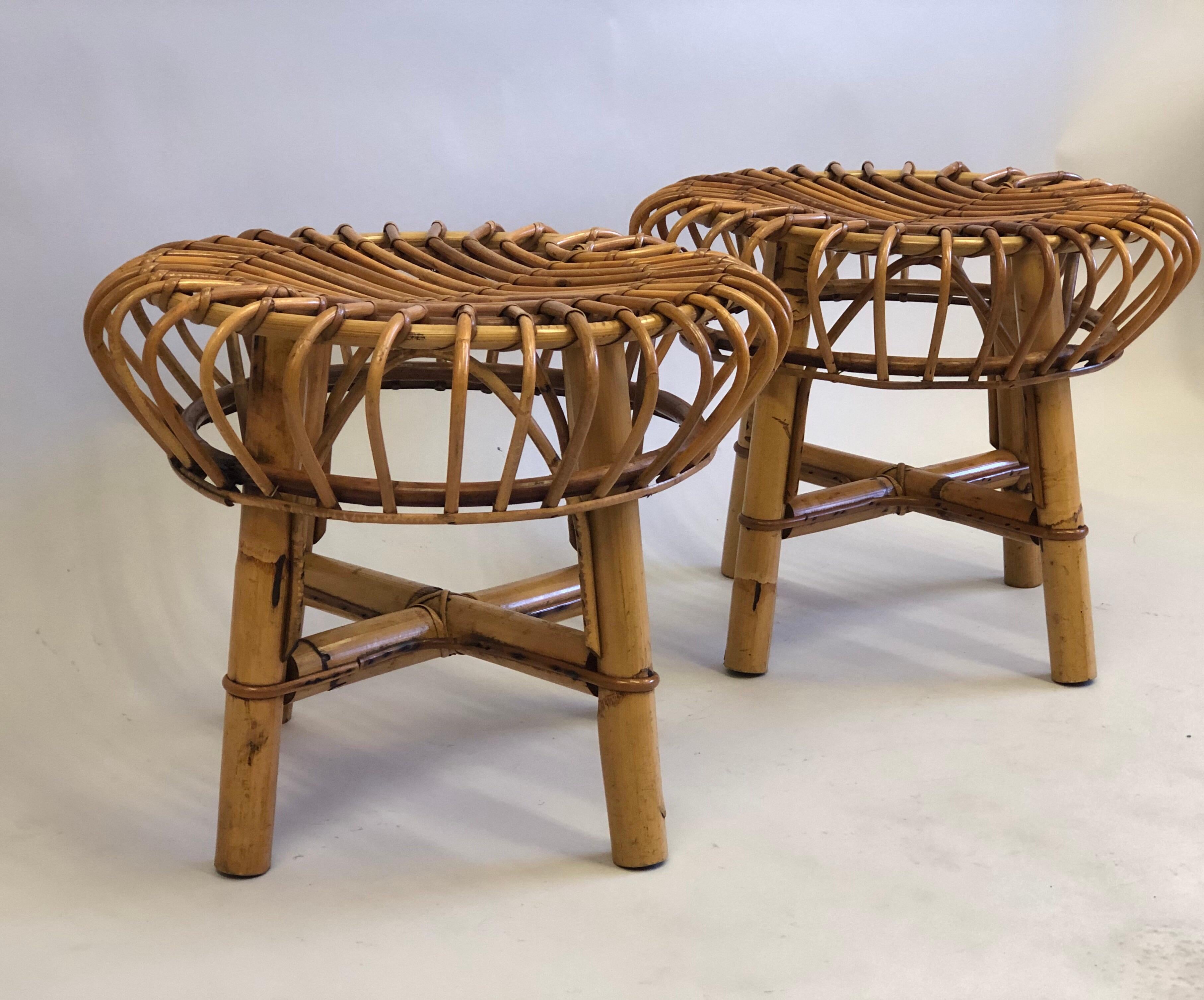 20th Century Pair of Italian Mid-Century Modern Rattan and Bamboo Stools by Franco Albini For Sale