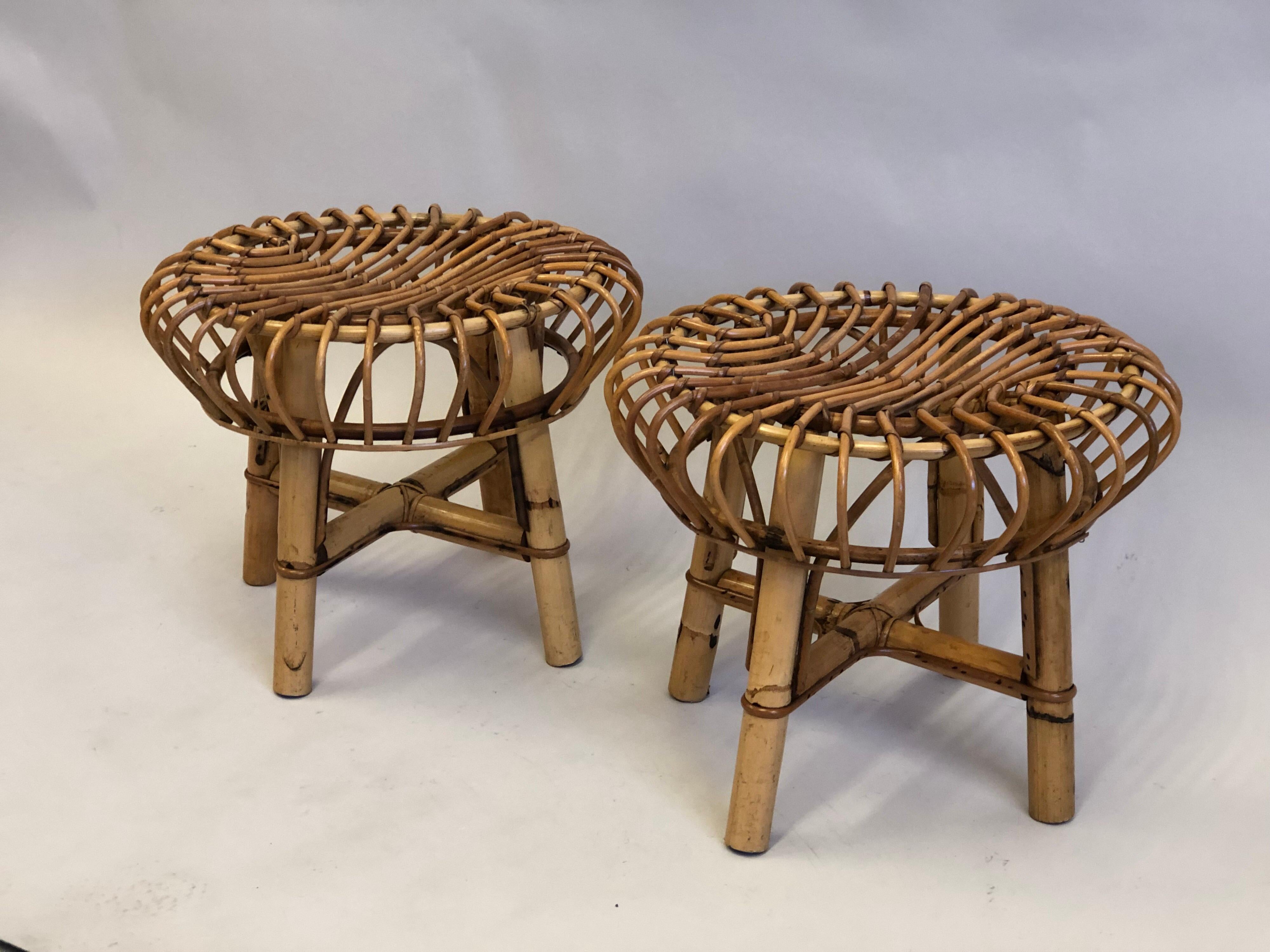 Pair of Italian Mid-Century Modern Rattan and Bamboo Stools by Franco Albini For Sale 1