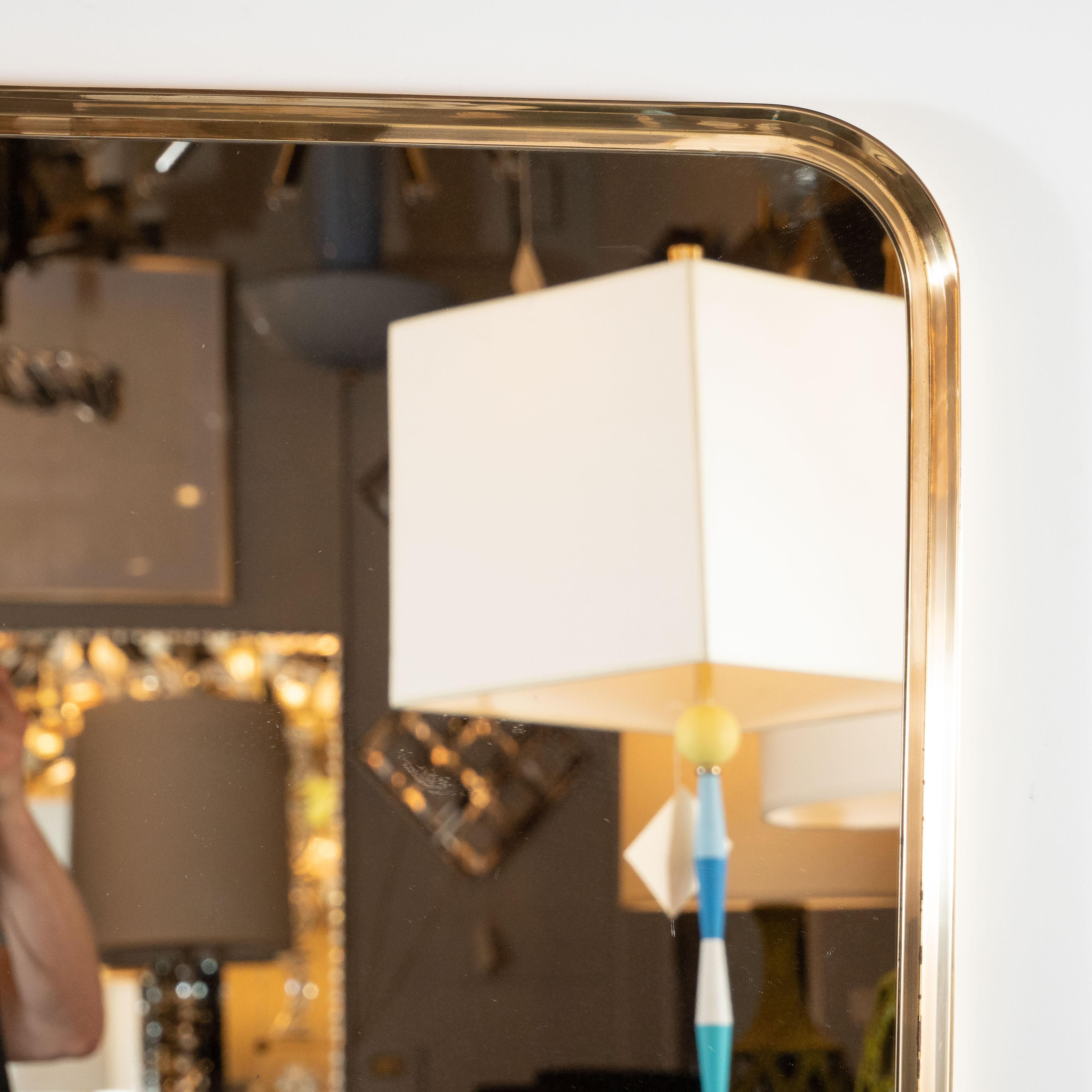 Pair of Italian Mid-Century Modern Rectangular Curvilinear Brass Wrapped Mirrors In Excellent Condition In New York, NY