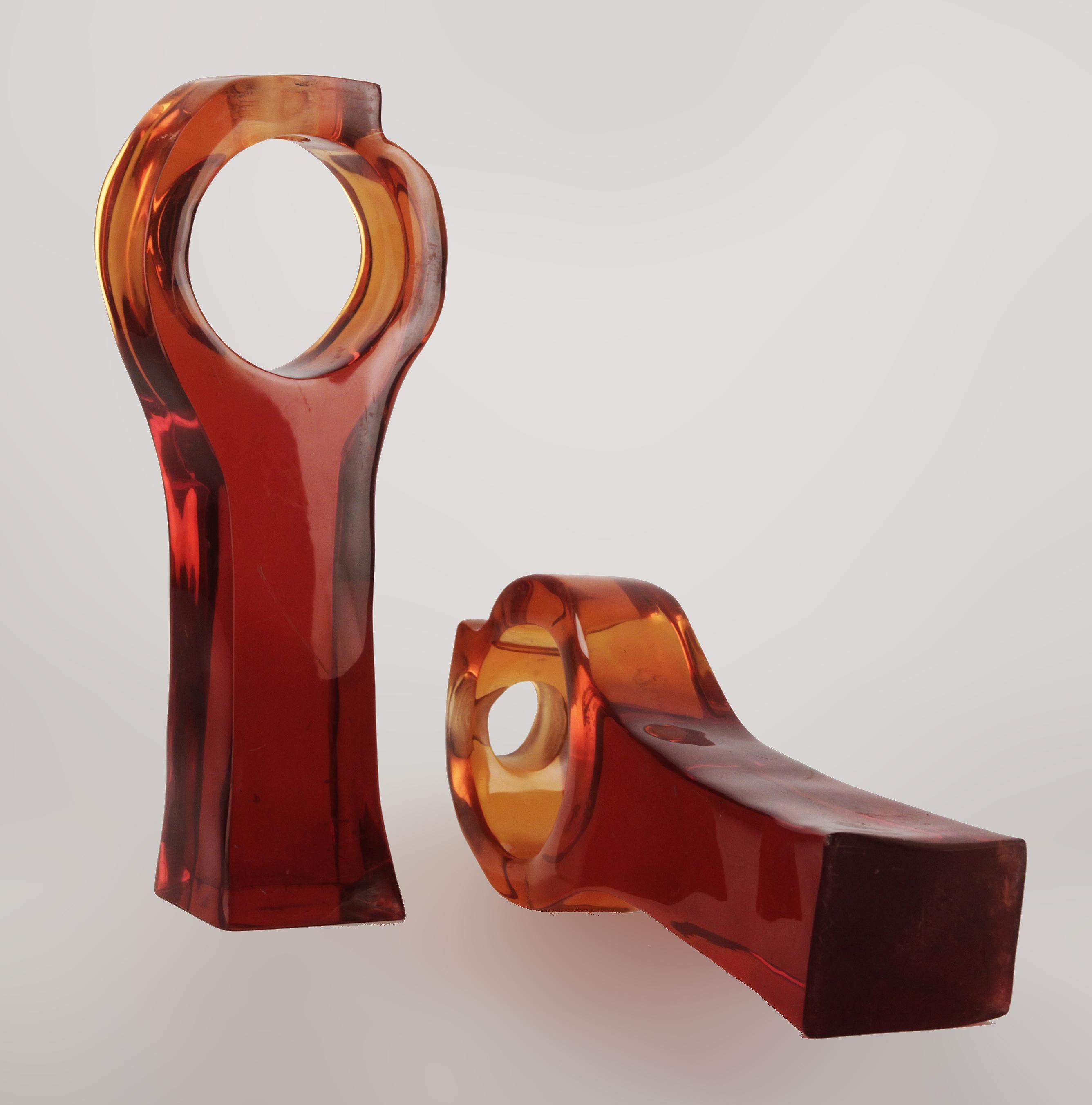 Cast Pair of Italian Mid-Century Modern Red Acrylic/Lucite Geometric Candle Holders For Sale
