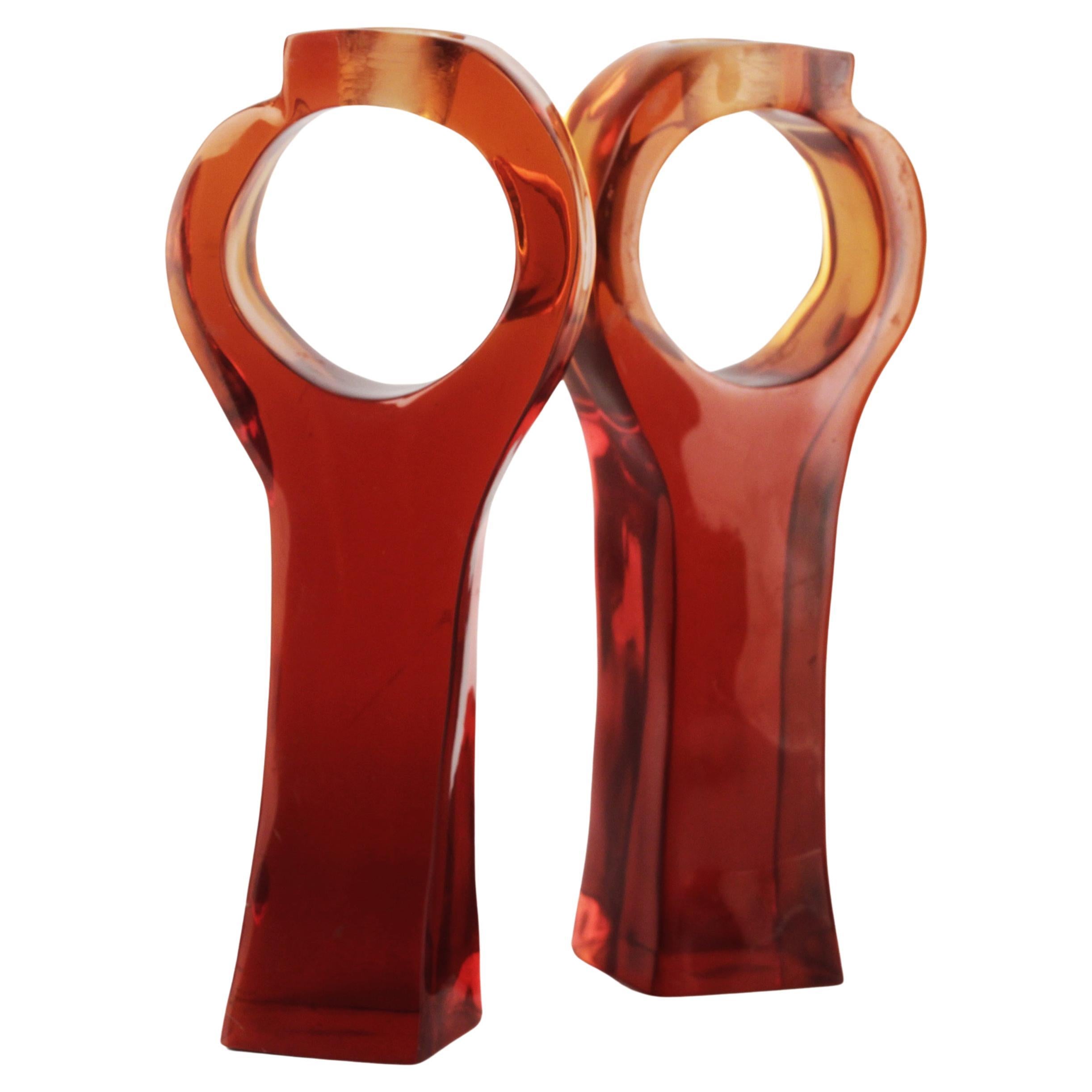 Pair of Italian Mid-Century Modern Red Acrylic/Lucite Geometric Candle Holders