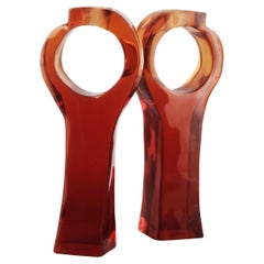 Pair of Italian Mid-Century Modern Red Acrylic/Lucite Geometric Candle Holders
