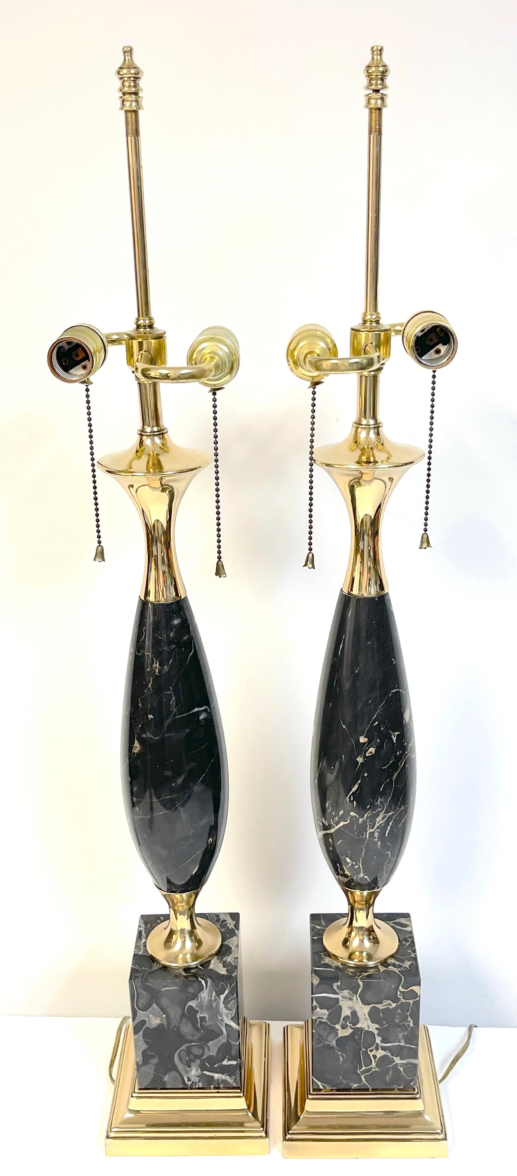 Pair of Italian Mid-Century Modern Sleek Black Marble & Brass Lamps 2