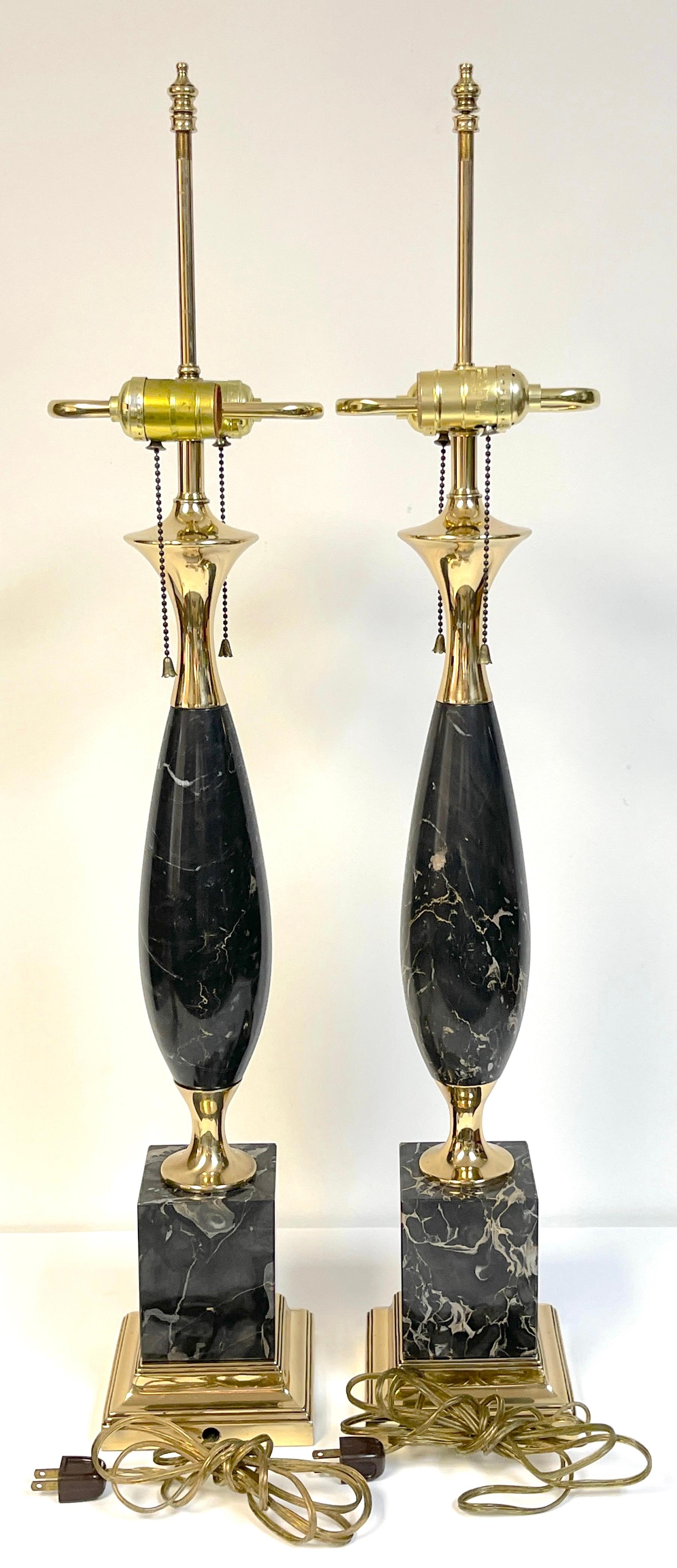 Pair of Italian Mid-Century Modern Sleek Black Marble & Brass Lamps 4