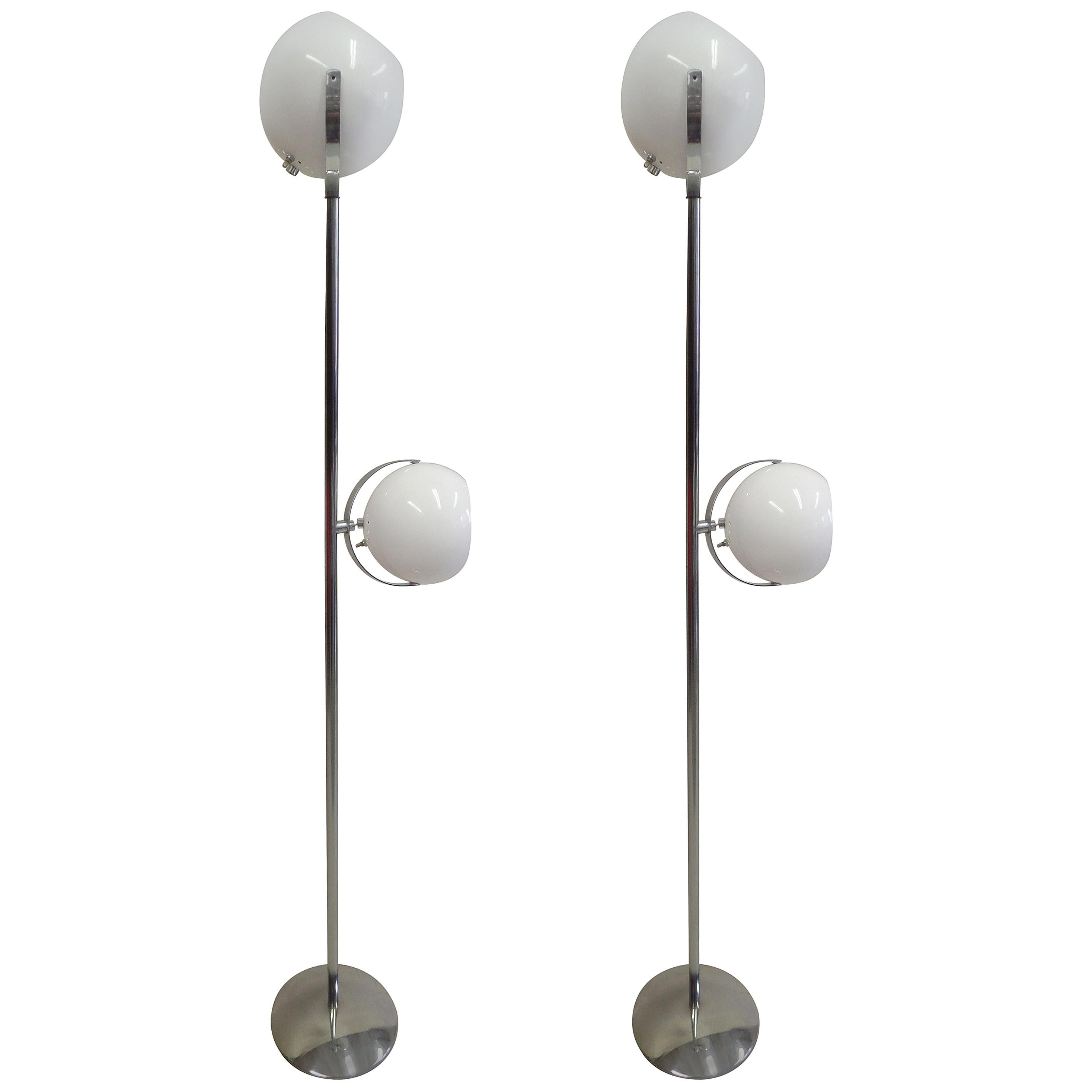 Rare Pair Italian Mid-Century Modern Nickel & White Enamel Floor Lamps, Reggiani