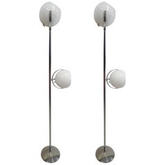 Rare Pair Italian Mid-Century Modern Nickel & White Enamel Floor Lamps, Reggiani