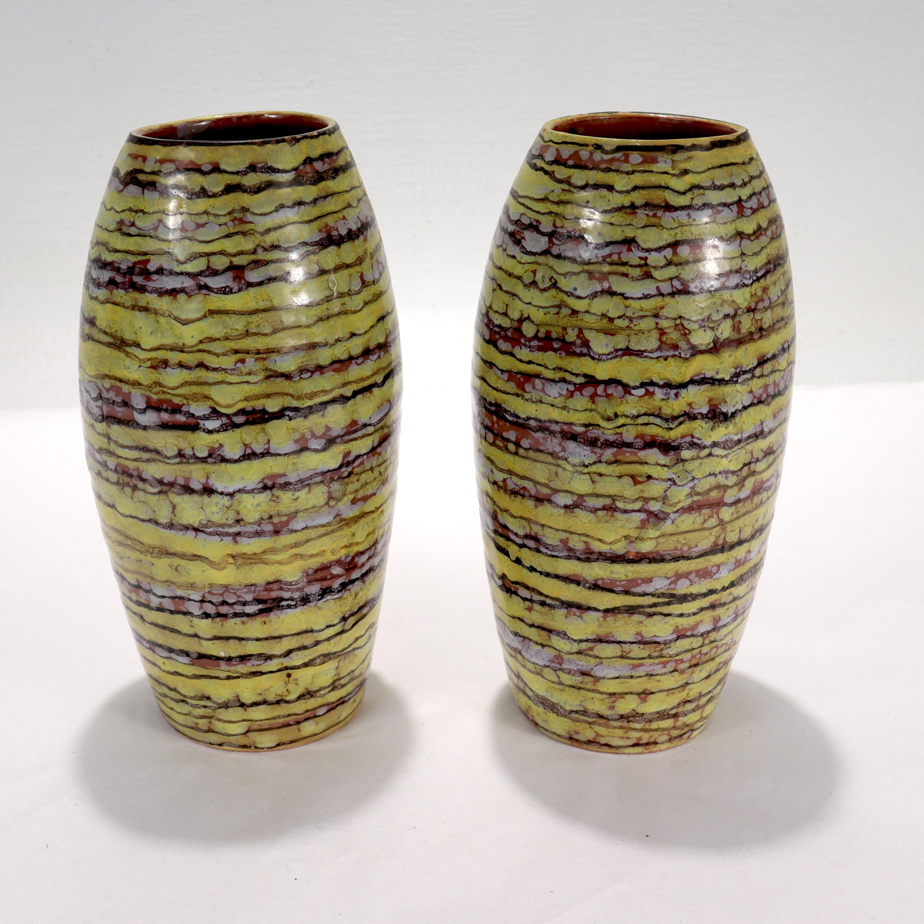 Glazed Pair of Italian Mid-Century Modern Striped Terracotta Pottery Vases  For Sale