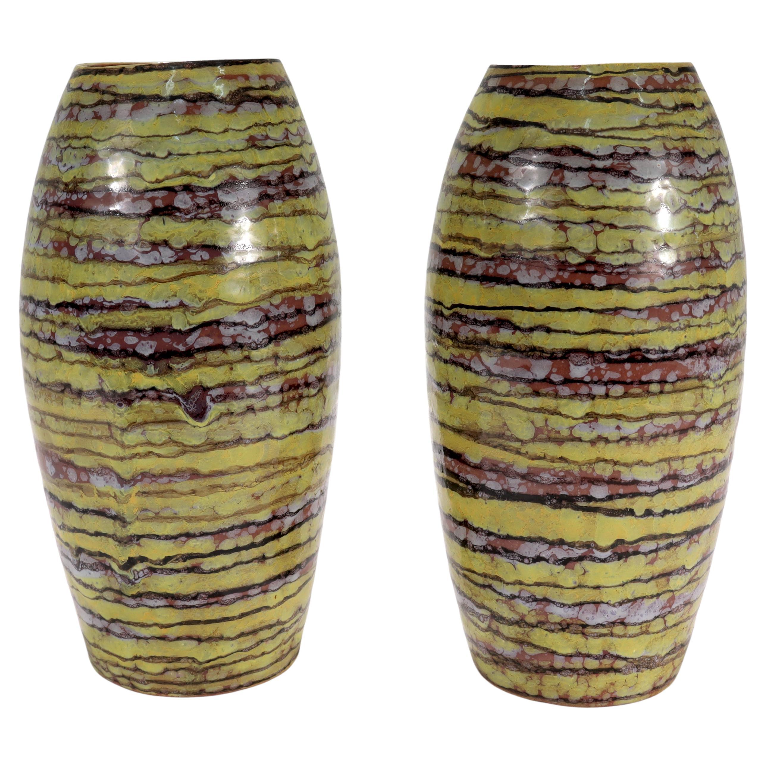 Pair of Italian Mid-Century Modern Striped Terracotta Pottery Vases 